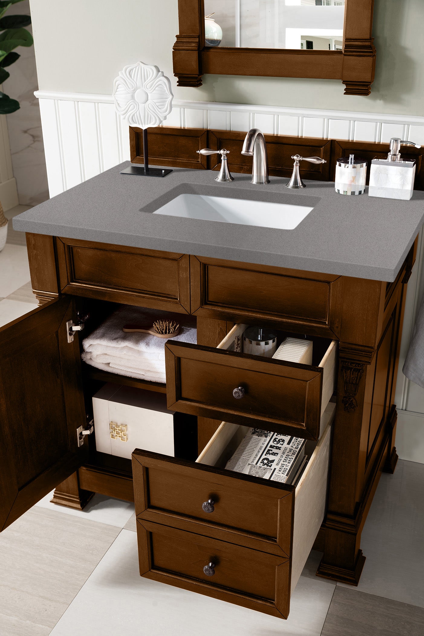 Brookfield 36 Inch Single Bathroom Vanity in Country Oak with 3CM Grey Expo Quartz Countertop - Perfect for Modern Farmhouse & Rustic Bathroom Designs