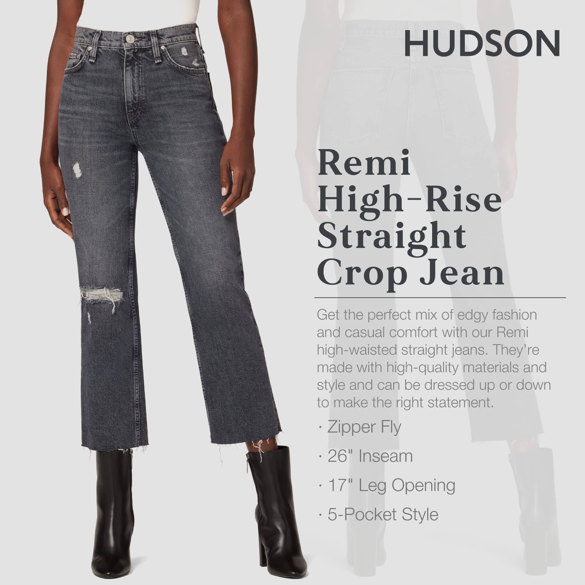 HUDSON Women's Remi High Rise Straight Leg Cropped Jeans - Stylish Slim Fit Denim Pants for Casual Wear & Everyday Outfits