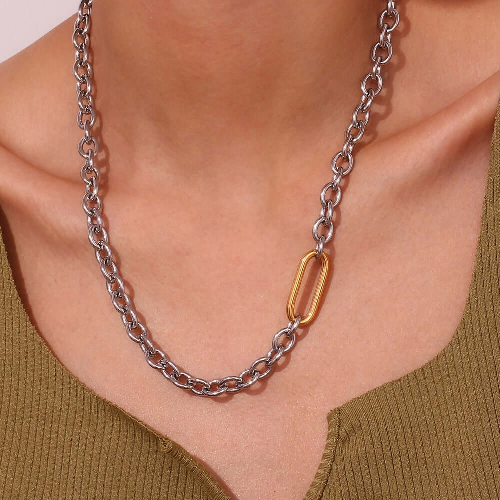 Edgy Two-Tone Paperclip Bold Chain Necklace N0384 | Trendy Layering Jewelry for Women, Perfect for Casual Outfits & Night Out Accessories