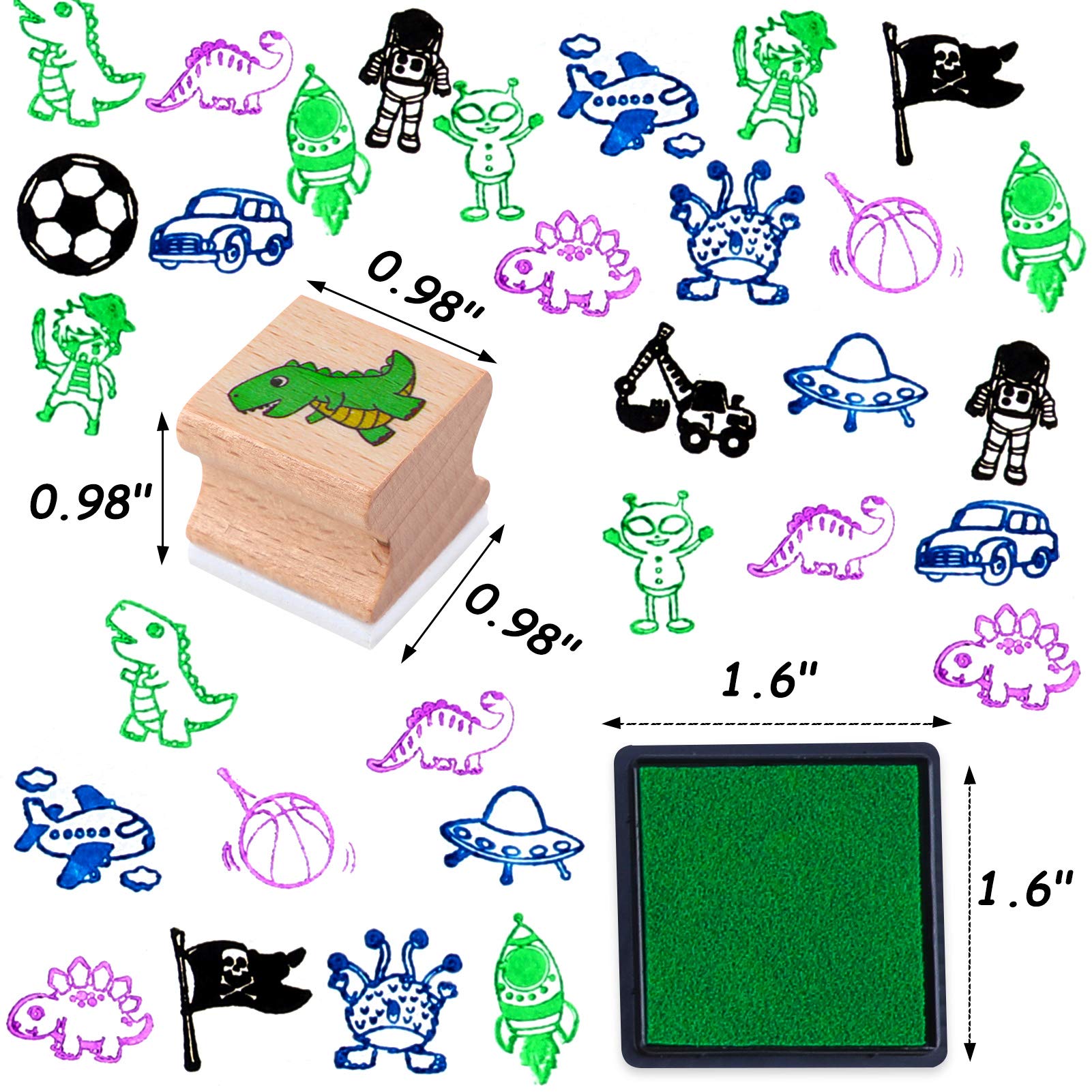 HOWAF 16pcs Kids Wooden Stamps with Ink Pad - DIY Crafts for Boys Birthday Gifts | Scrapbooking & Card Making