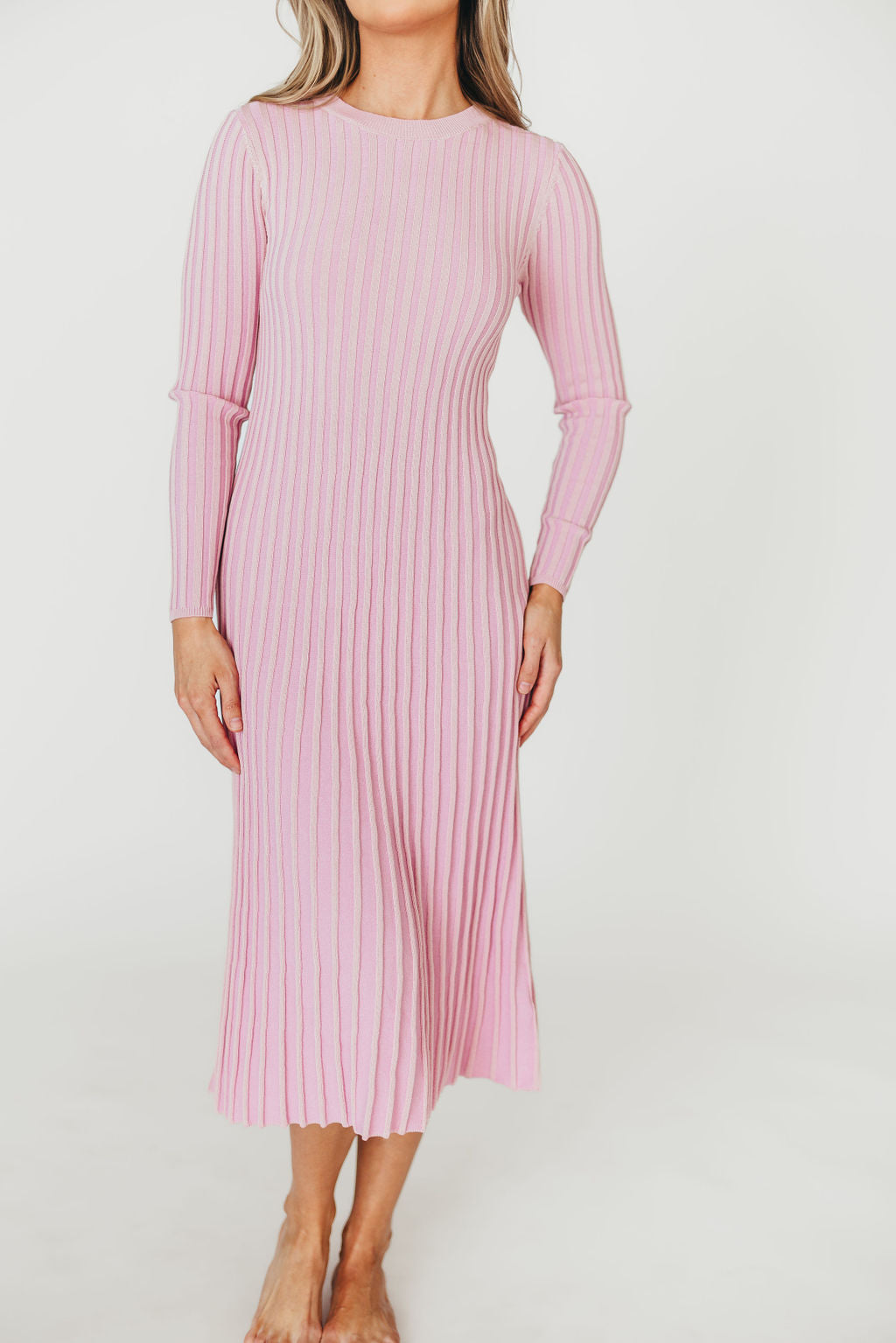 Lacey Long Sleeve Ribbed Sweater Midi Dress in Pink - Bump Friendly Maternity Dress for Pregnancy & Nursing, Perfect for Fall/Winter, Date Night & Baby Shower