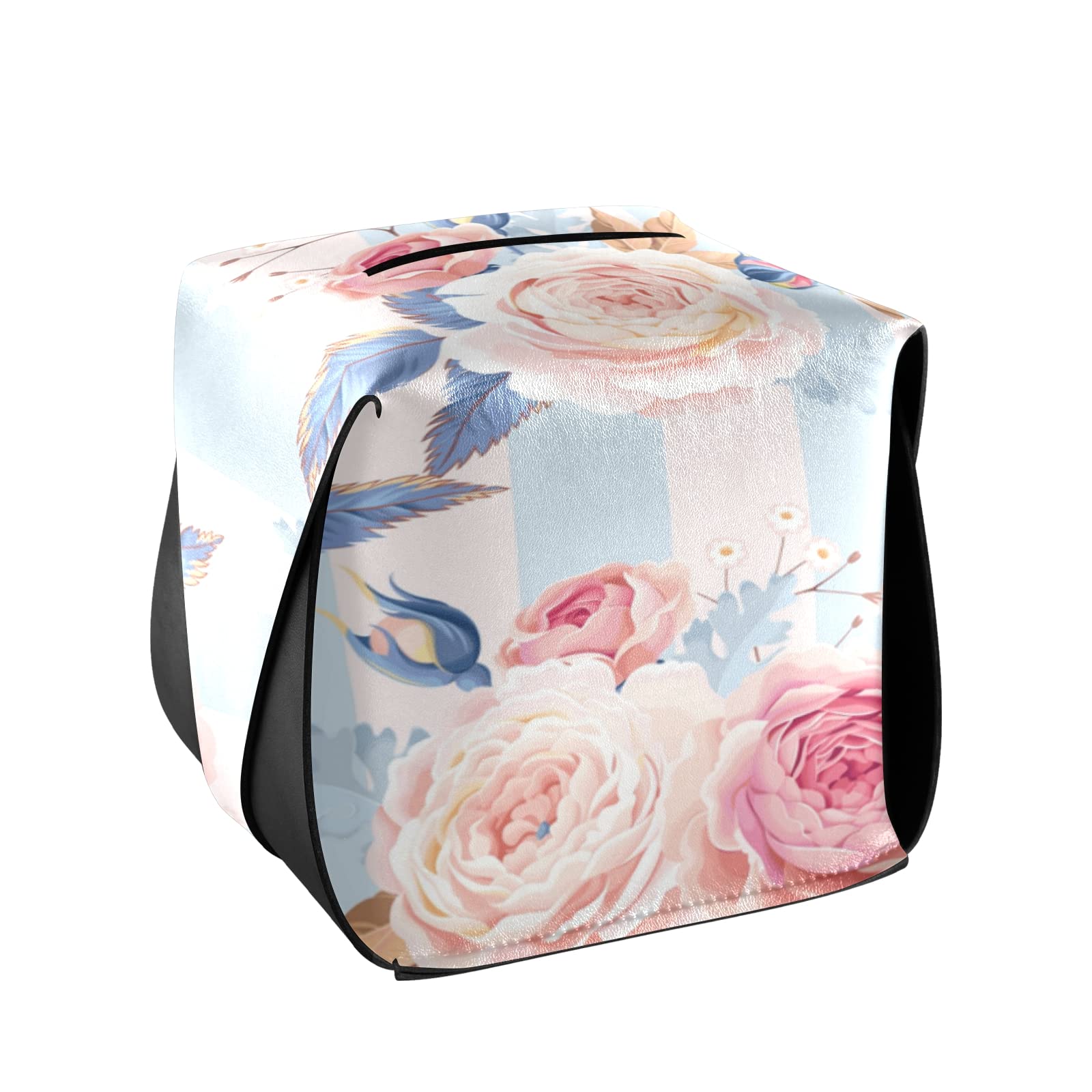 Premium PU Leather Peony Floral Tissue Box Cover - Decorative Square Organizer for Bathroom, Nightstand, Office & Car (5.7