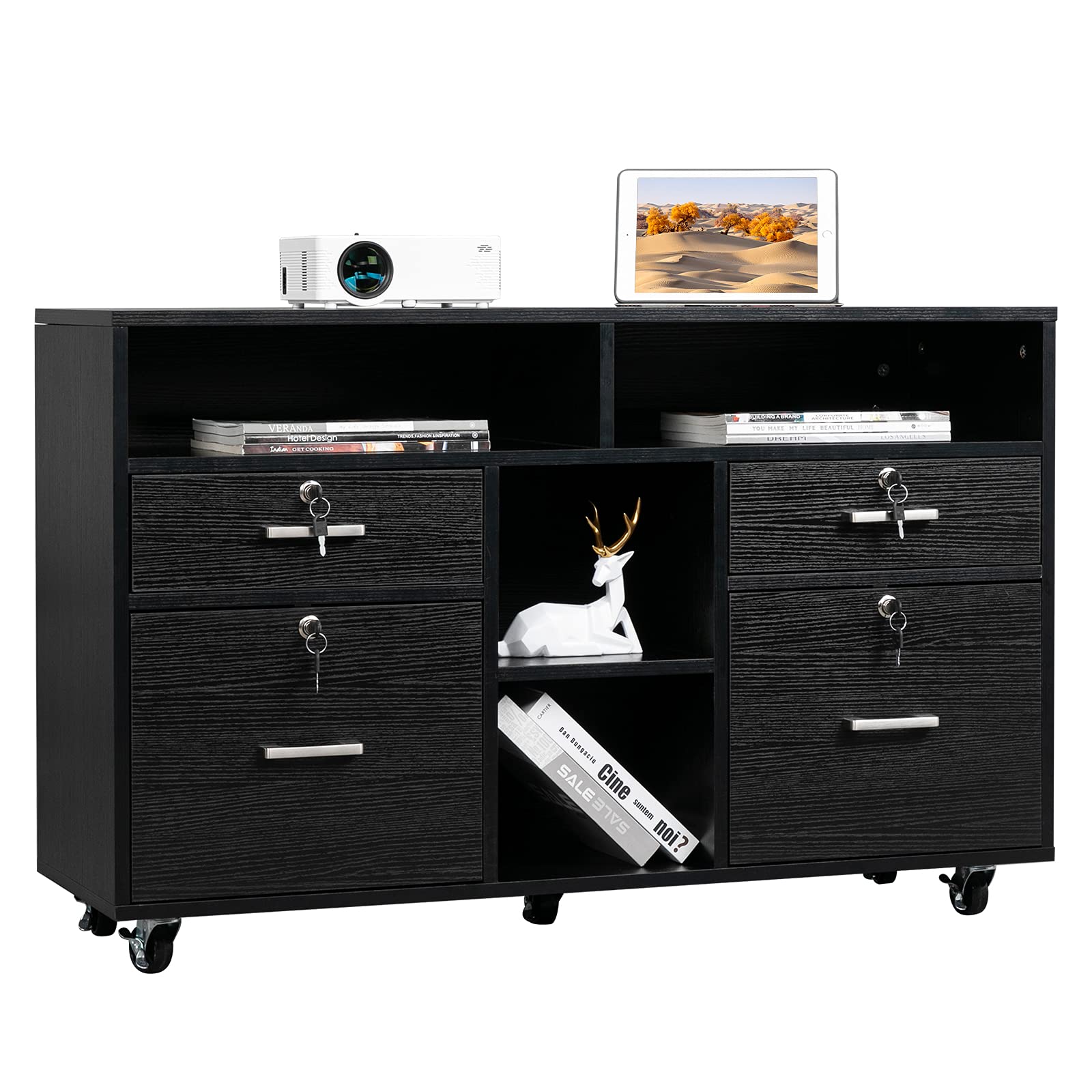 VINGLI 4-Drawer Wooden Mobile File Cabinet with Shelves - Locking Lateral Office Organizer, Printer Stand with Open Storage for Home & Office - Black | Perfect for Document Storage, Workspace Organization & Home Office Furniture
