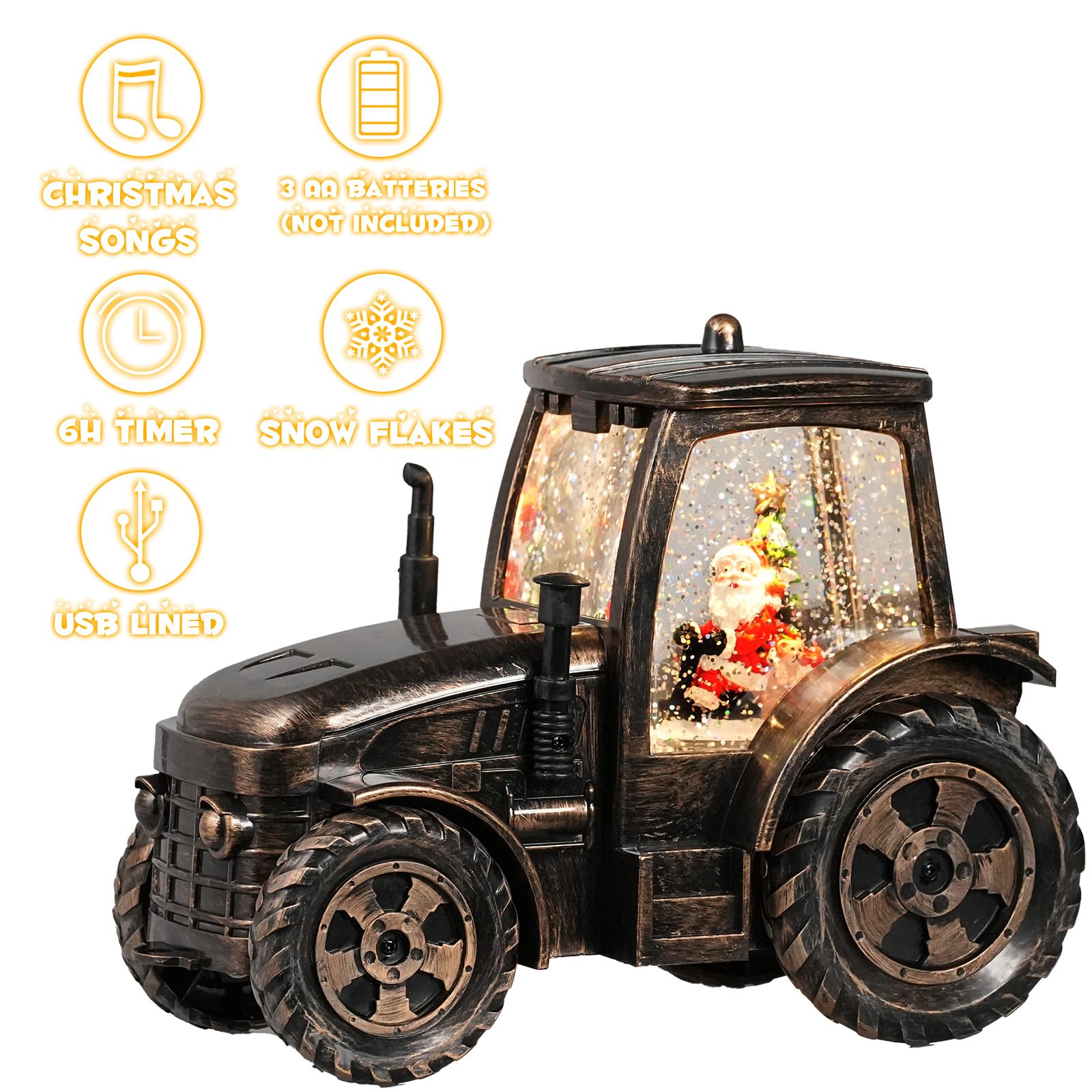 Bronze Tractor Snow Globe with LED Lights - Santa Christmas Snow Globe Lantern with 6-Hour Timer, Battery & USB Powered - Perfect Indoor Christmas Decor & Gift for Dad, Grandfather | Holiday Home Decor, Mantelpiece Display, Cozy Winter Nightlight