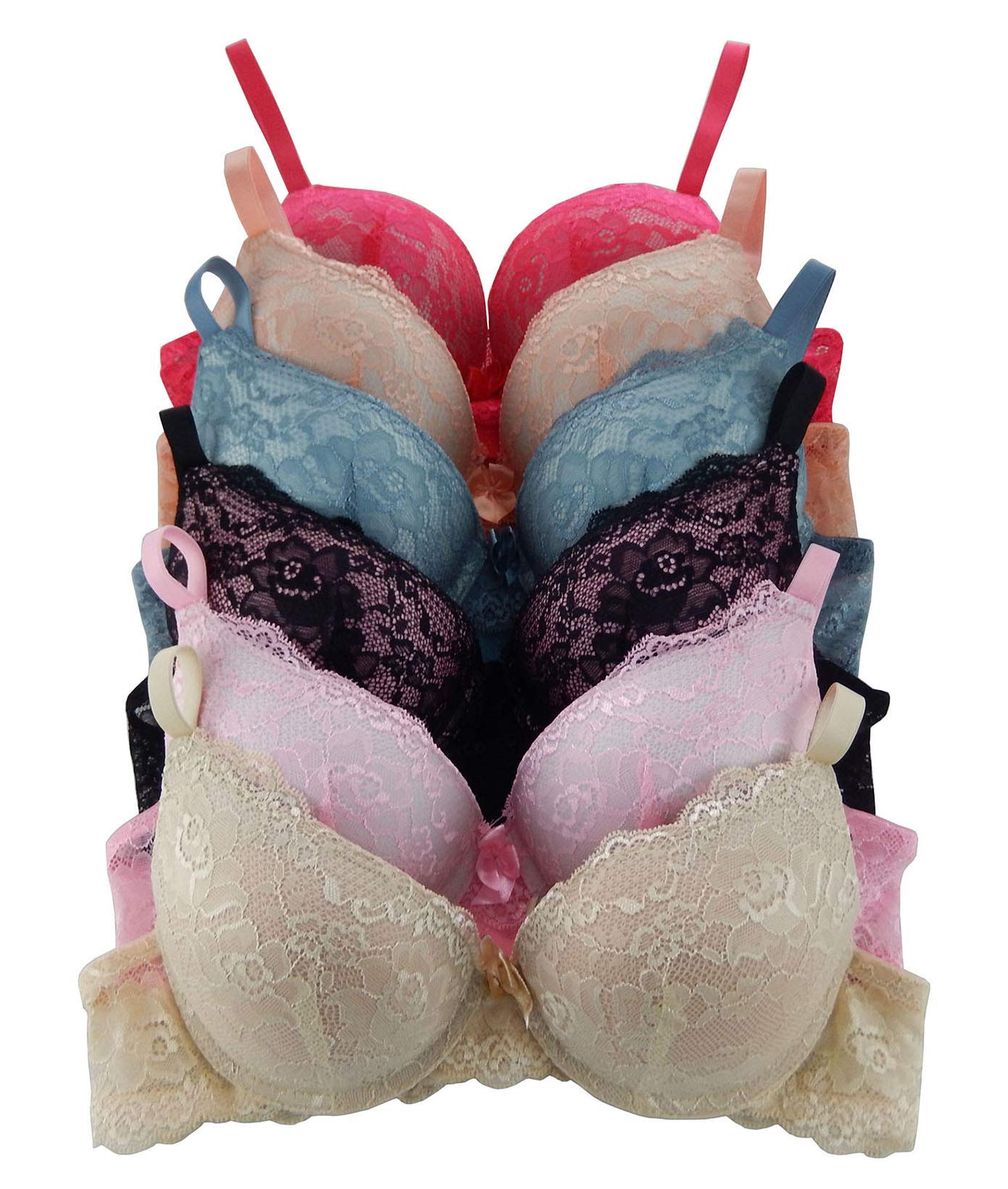 6 Pack Women's Push Up Lace Bras - B & C Cup Sizes - Comfortable & Sexy Underwear for Everyday Wear & Special Occasions