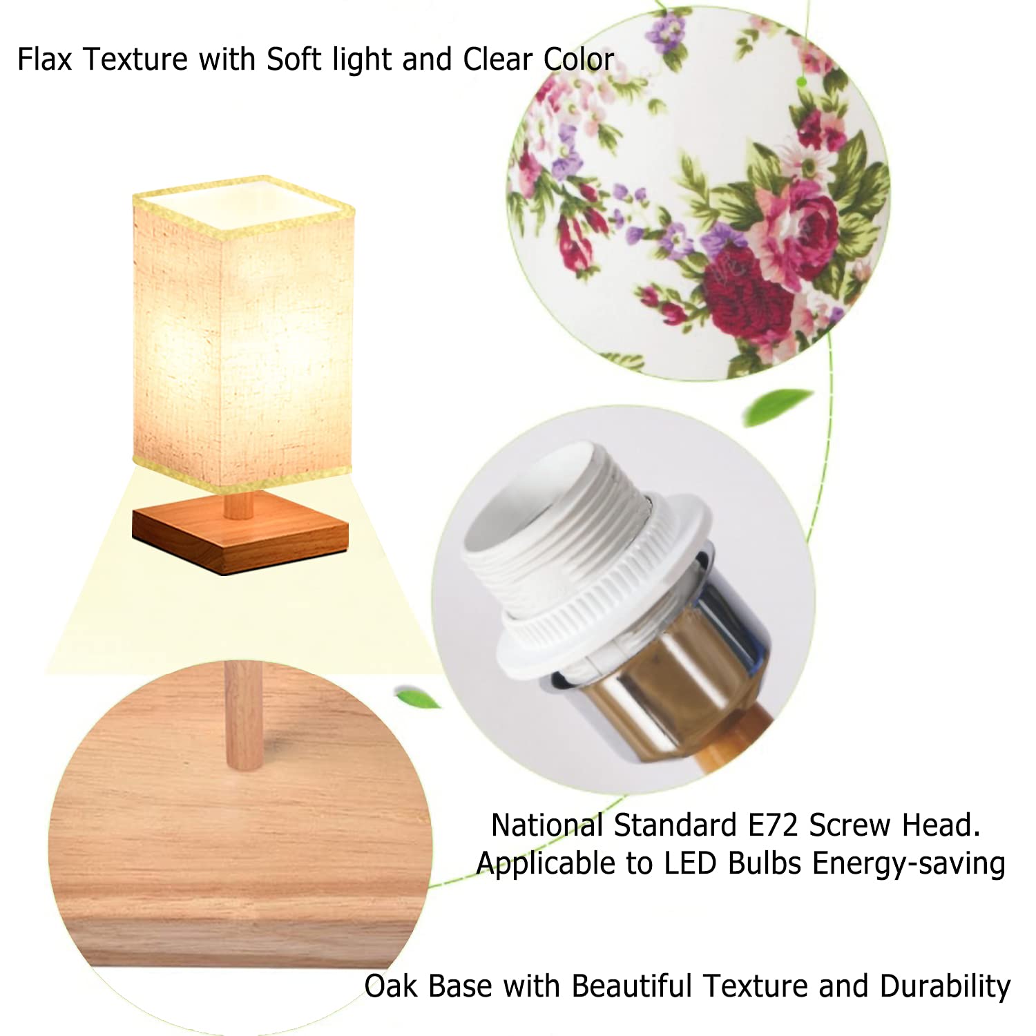 Dimmable Square Bedside Table Lamp with Green Succulent Cactus & Orange Flowers Design - Wooden Base & Flaxen Fabric Shade for Bedroom, Living Room, Office - Perfect Nightstand Lamp for Reading, Relaxing & Home Decor