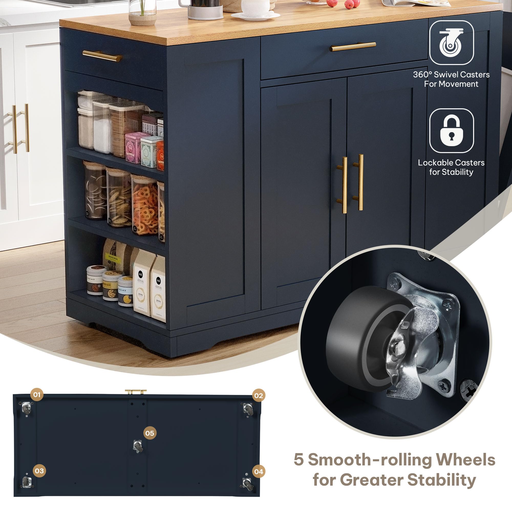 DWVO 53-Inch Large Kitchen Island with Storage & Seating - Rolling Portable Kitchen Cart with Trash Can Cabinet for 13 Gallon Garbage Bin, Navy Blue - Perfect for Small Kitchens, Dining Areas & Home Organization