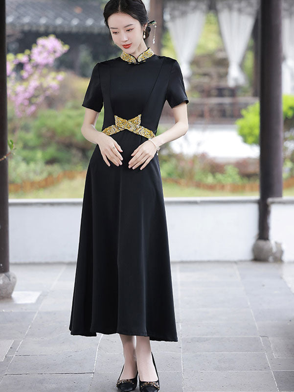 Elegant Green Black Belt Fit & Flare Maxi Cheongsam Qi Pao Dress - Vintage Chinese Style Evening Gown for Women - Perfect for Weddings, Parties & Special Occasions