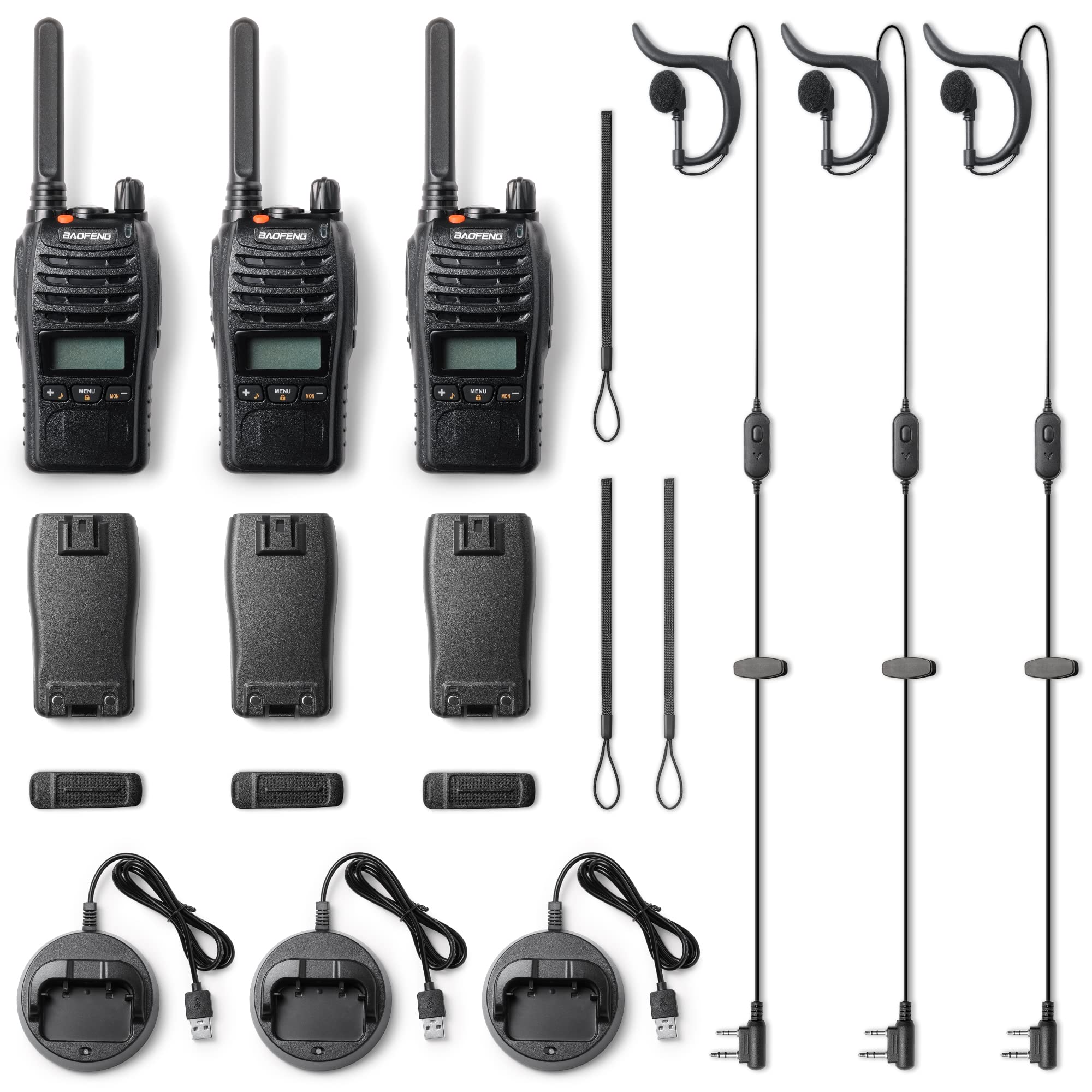 Baofeng BF-88ST Pro Walkie Talkies 3 Pack - Long Range Two Way Radios for Adults & Kids, Upgraded NOAA VOX Dual Watch with Desktop Charger & Earpieces (Black) - Perfect for Camping, Hiking, Outdoor Adventures and Emergency Communication