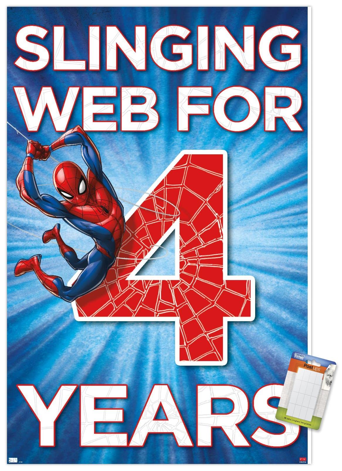 Marvel Spider-Man Happy 4th Birthday Wall Poster - Premium 22.4x14.7 Inch Poster & Mount Bundle | Kids Room Decor, Birthday Party Decoration, Superhero Themed Gift