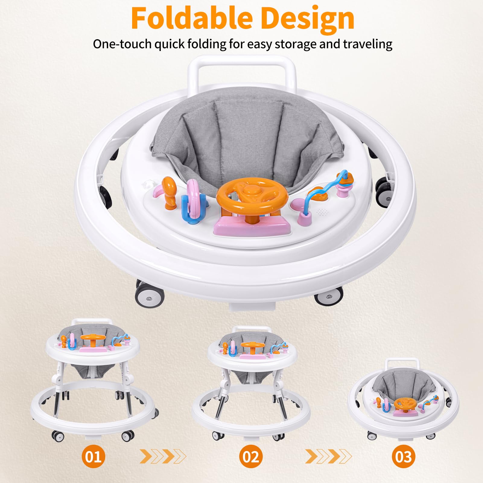 Foldable 9-Speed Adjustable Baby Walker with Wheels & Music - Anti-Fall Infant Walker for Boys & Girls 6-24 Months - Perfect for Learning to Walk & Playtime Activities at Home
