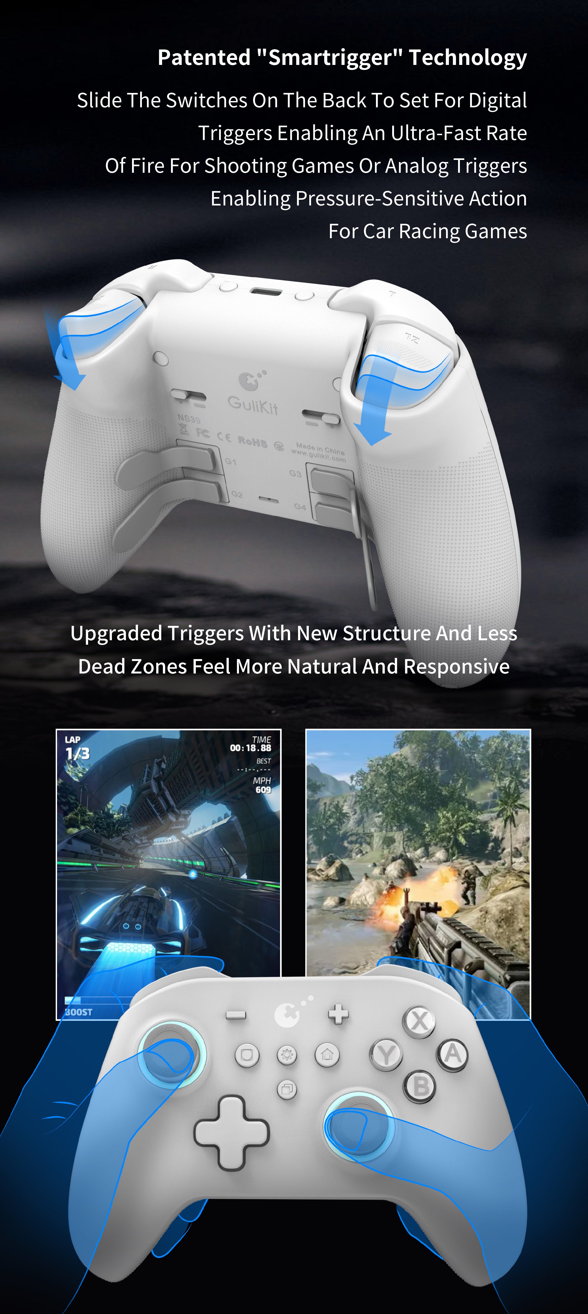 GuliKit KK 3 Max Wireless Bluetooth Game Controller for Nintendo Switch, PC, Android, Mac OS & iOS - Ergonomic Design, White (NS39) - Perfect for Gaming, Streaming & Multi-Platform Play