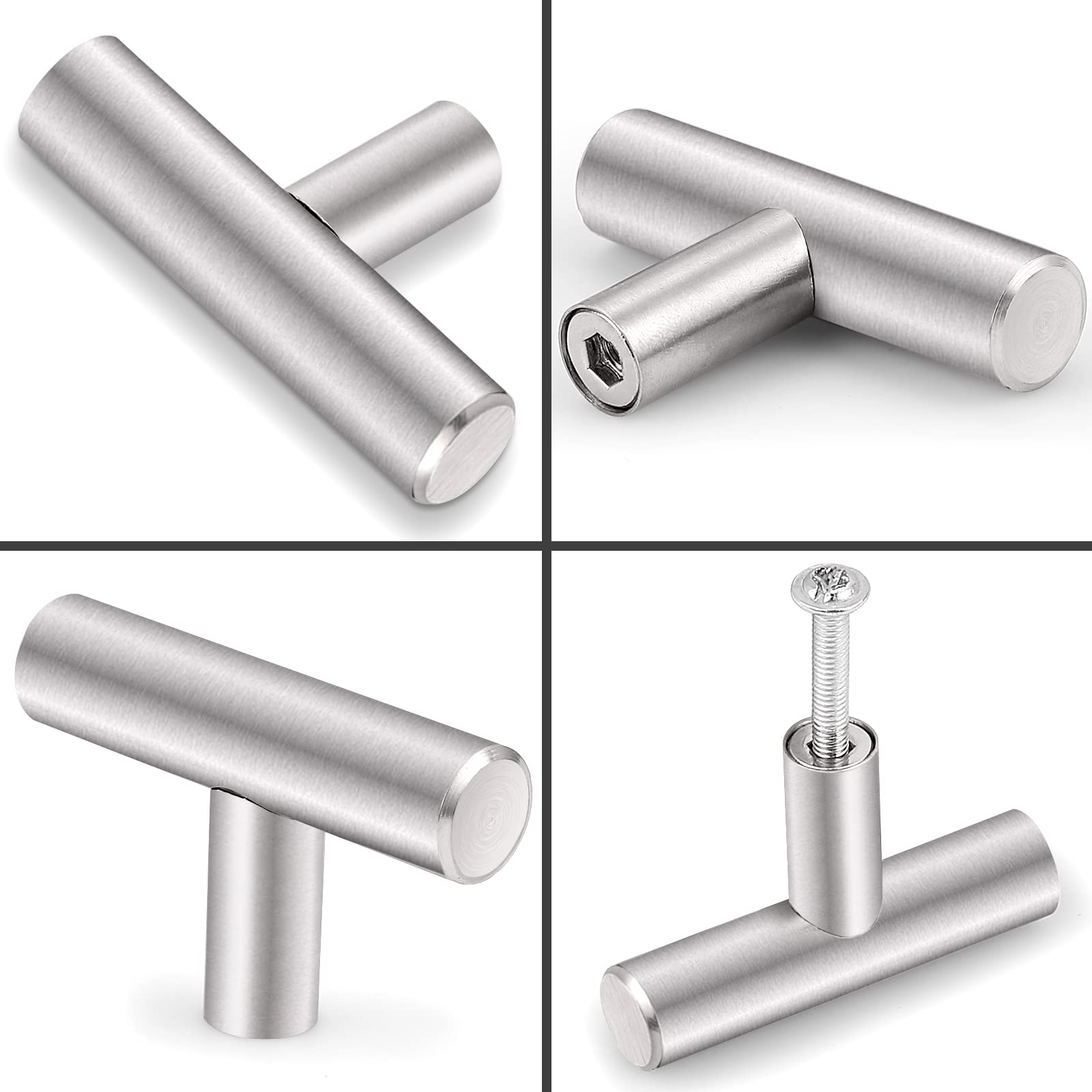Probrico 12 Pack 7-1/2 Inch Brushed Nickel Kitchen Cabinet Handles - Round T Bar Cabinet Pulls & Black Drawer Handles for Cupboards (10 Inch Total Length) | Perfect for Modern Kitchens, Bathroom Vanities & Furniture Upgrades