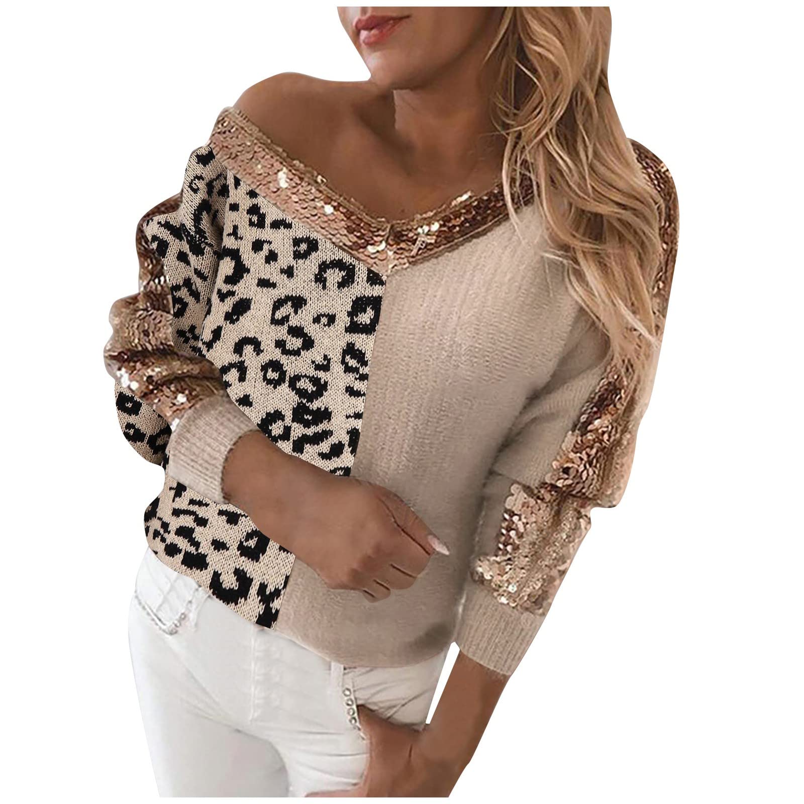 Women's Oversized V-Neck Sweater with Pockets - Sequin Stitching Leopard Print Pullover - Cozy Winter Knit Top for Casual Wear, Office & Date Nights
