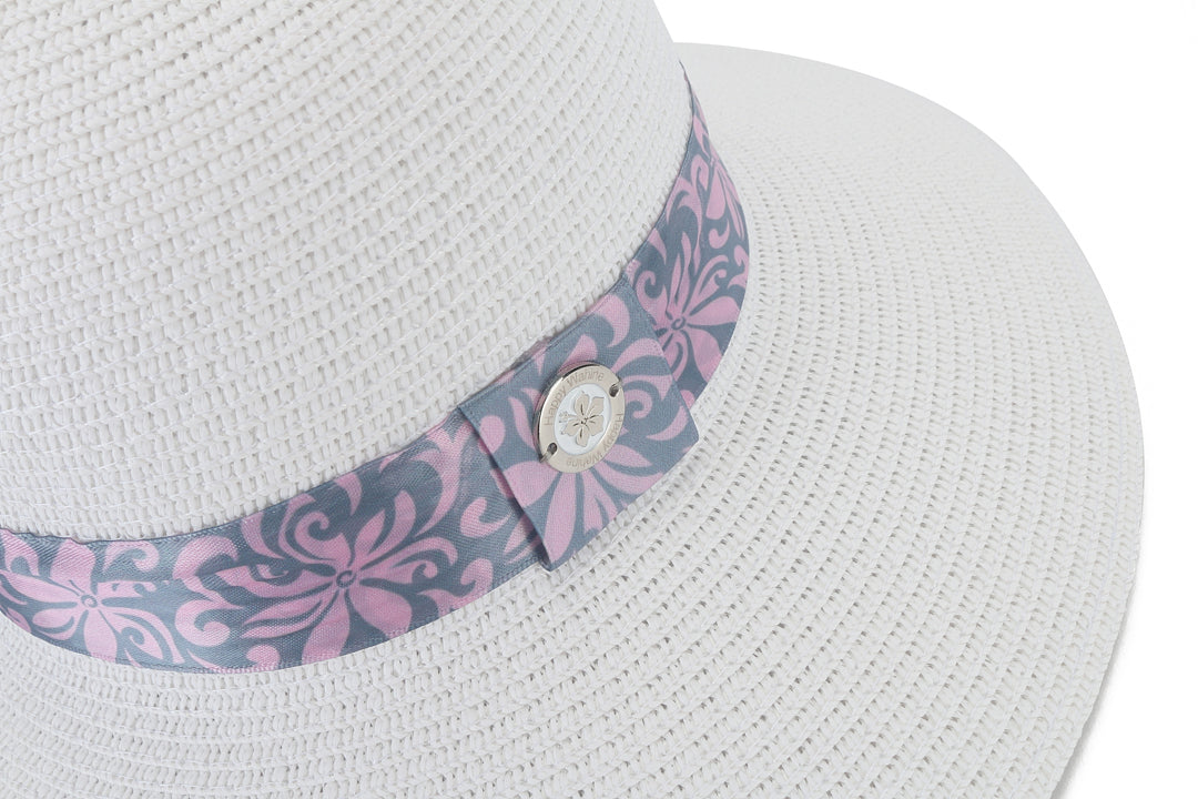 Elegant White Tapa Tiare Hat with Pink and Grey Orchid Design - Perfect for Beach Vacations, Garden Parties & Summer Outfits