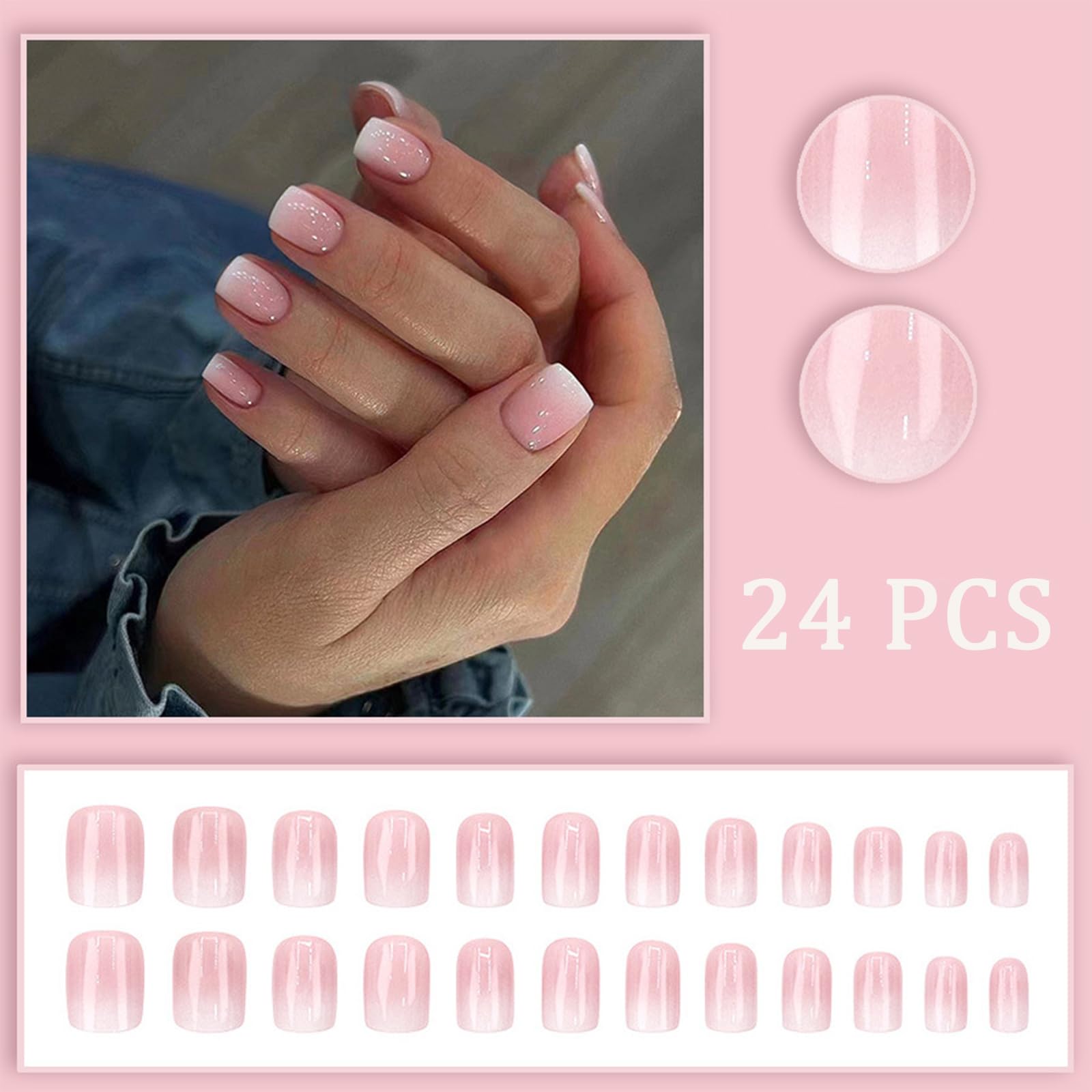 24PCS Short Square Press on Fake Nails - Natural Glitter Gradient French Design, Full Cover Acrylic Glue on Nails for Women | Perfect for Parties, Weddings, Daily Manicure & Nail Art Decoration