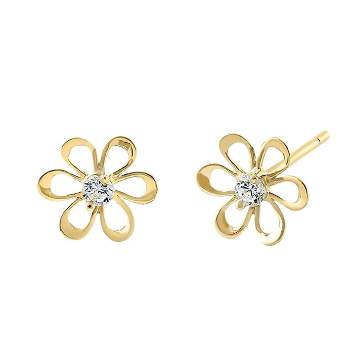 14K Yellow Gold Vintage Flower CZ Stud Earrings for Women - Elegant Retro Jewelry Gift for Birthday, Anniversary & Special Occasions