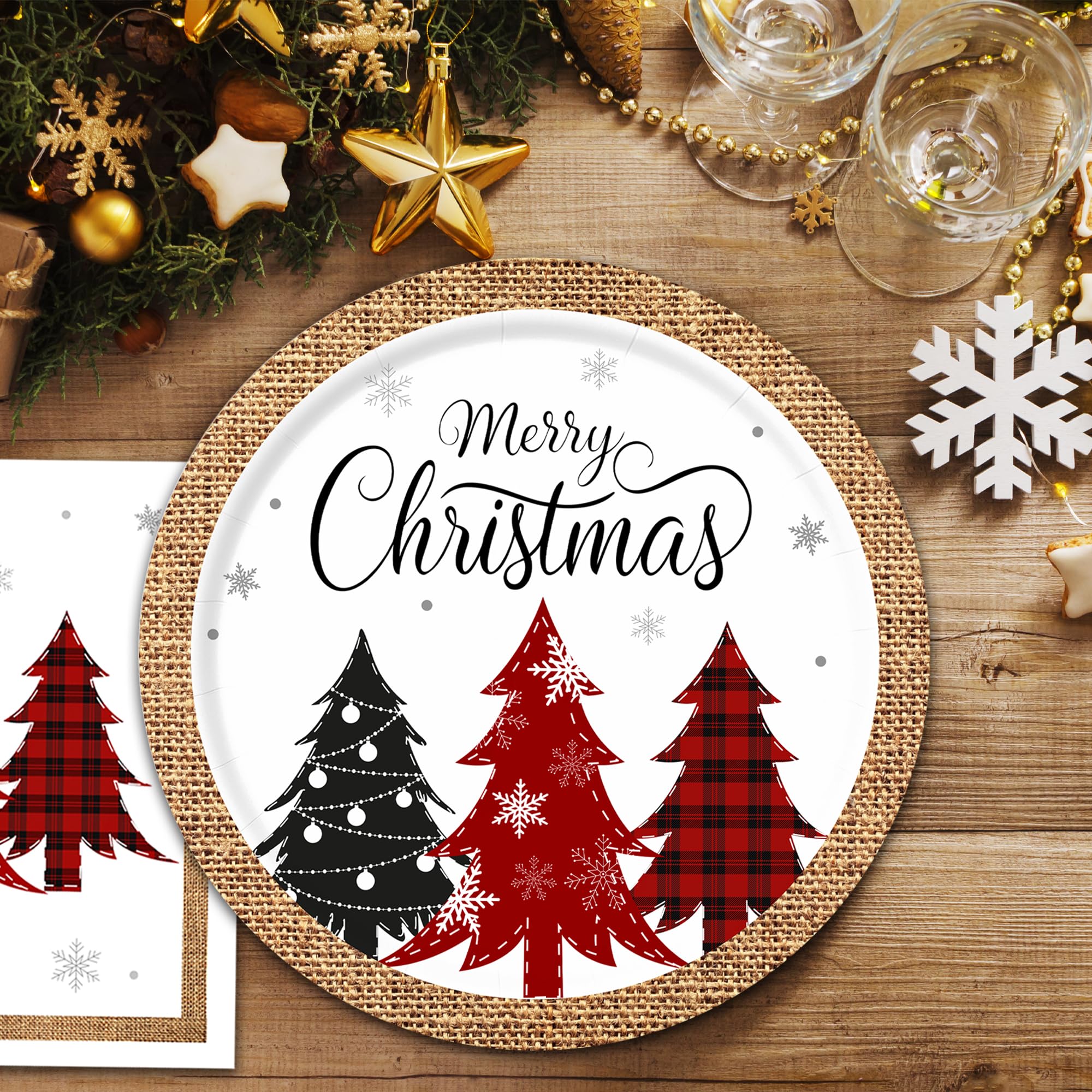 Christmas Tree Dinnerware Set - 25-Piece Disposable Party Plates, Napkins & Cups for Holiday Gatherings, Family Dinners & Festive Celebrations