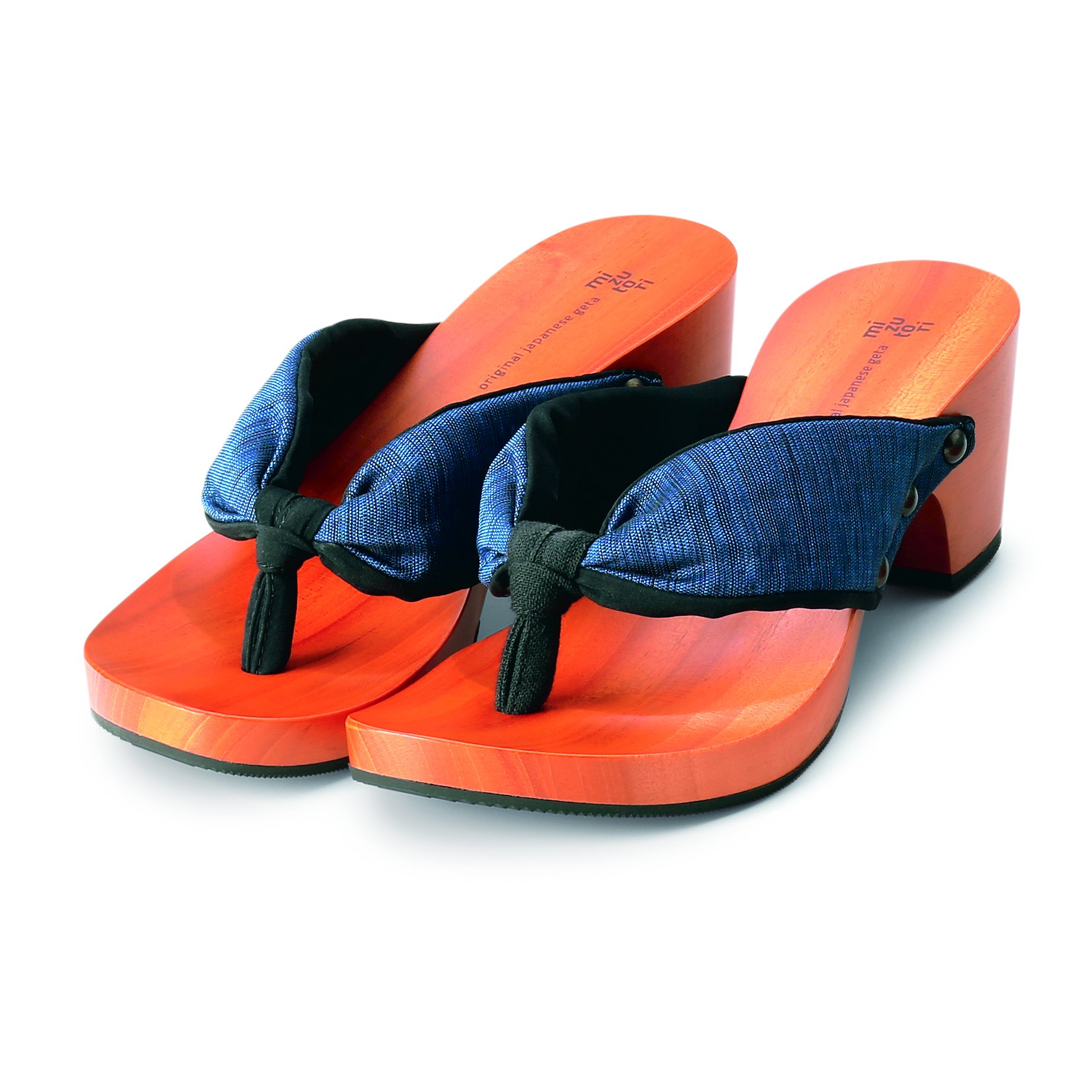 Japanese Style Wooden Platform Sandals - Blue & Black Cloth Comfortable Footwear for Women (Size 7) | Perfect for Summer, Beach, and Casual Outfits
