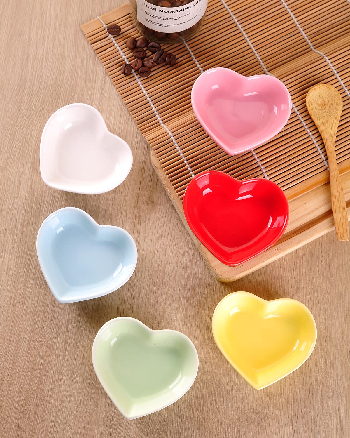 WHJY Yellow Heart-Shaped Ceramic Side Dish Bowls - Set of 6 | Contemporary Porcelain Condiment Dishes for Soy Sauce, Dipping & Seasoning | Perfect for Wedding, Birthday Parties & Home Dining Decor