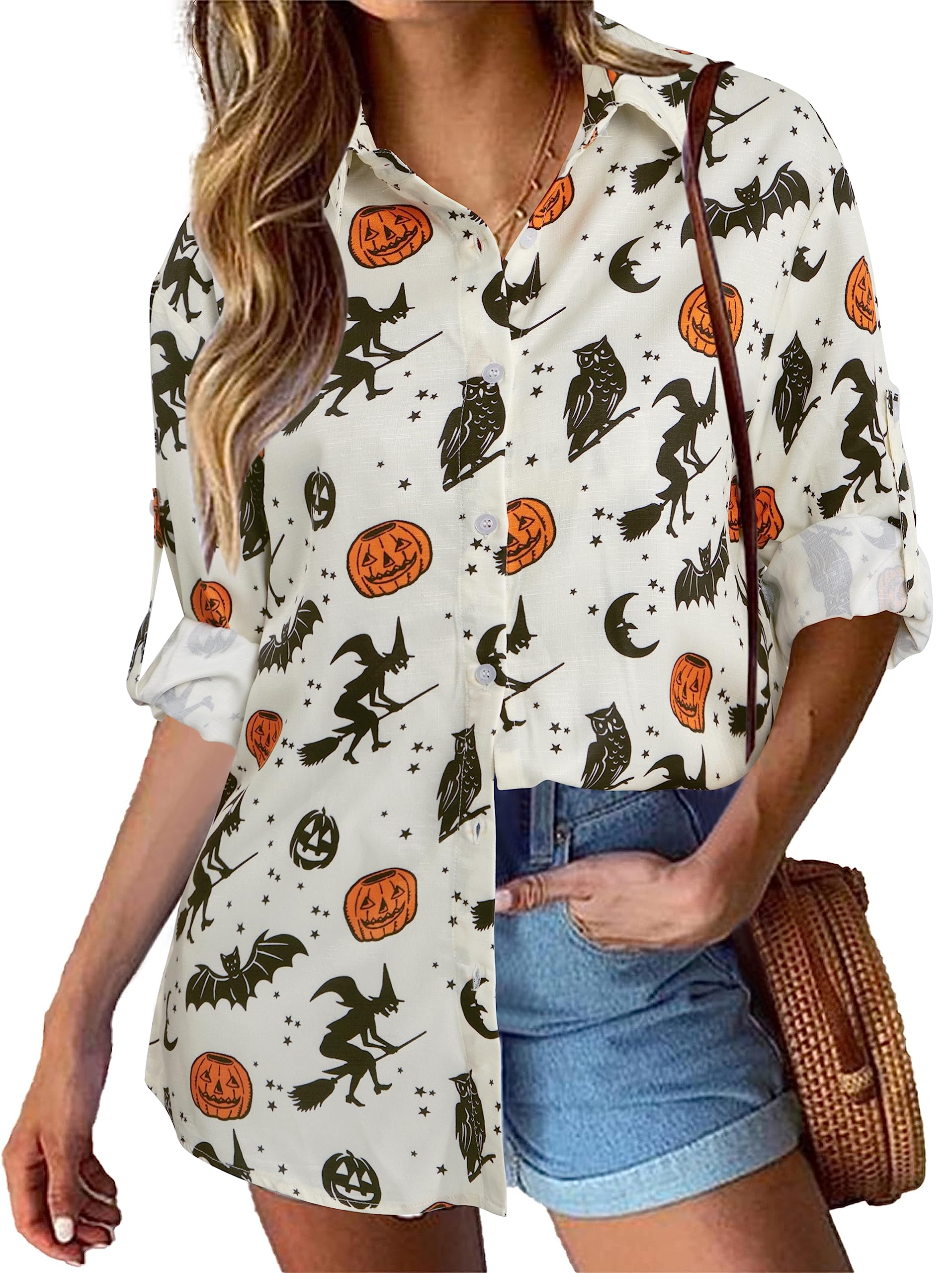 Halloween Witch Shirt for Women - Hocus Pocus Graphic Tee with Pumpkin Design | Long Sleeve Button Down Blouse for Costume Parties & Spooky Season Outfits