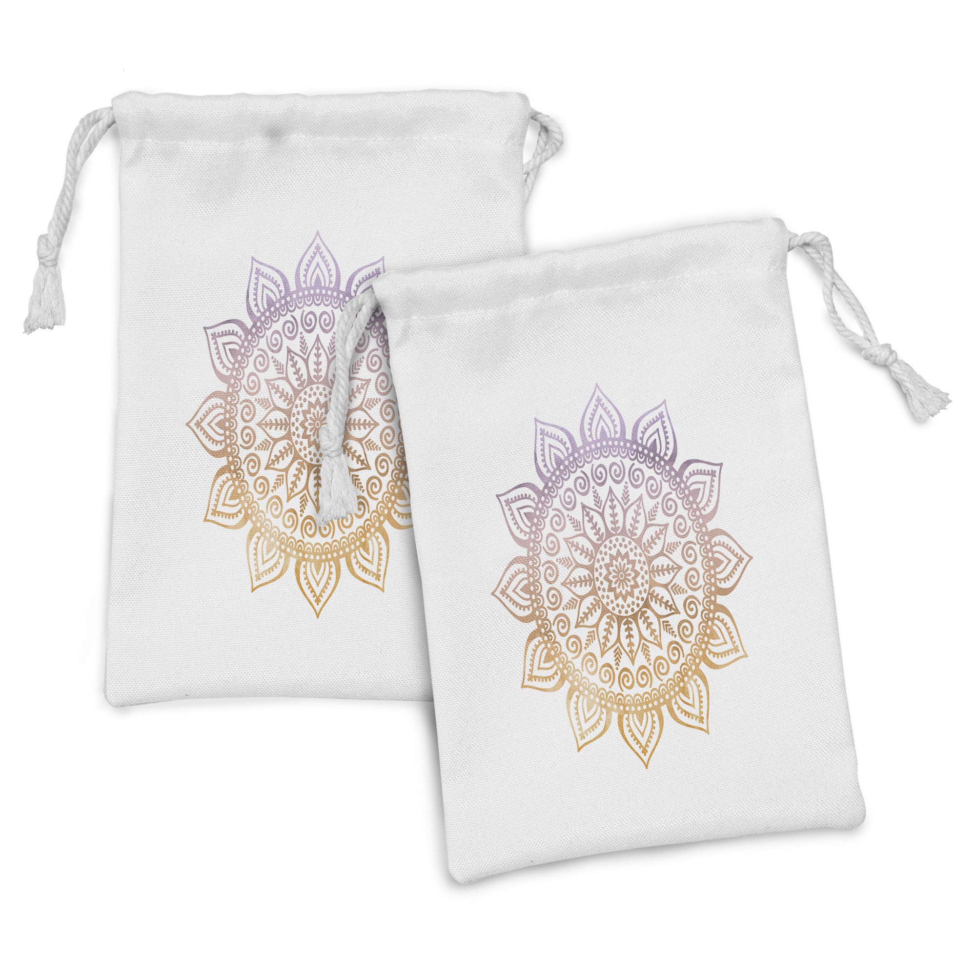 Ambesonne 2-Pack Mandala Fabric Drawstring Pouch Set - Sun Floral Ombre Design Small Storage Bag (9