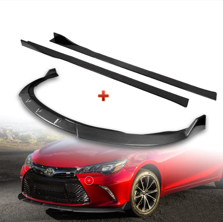 3PCS Front Bumper Body Kit Spoiler Lip + 6PCS Side Skirt Extensions Splitters Diffuser for 2015-2017 Toyota Camry - Carbon Fiber Look (86