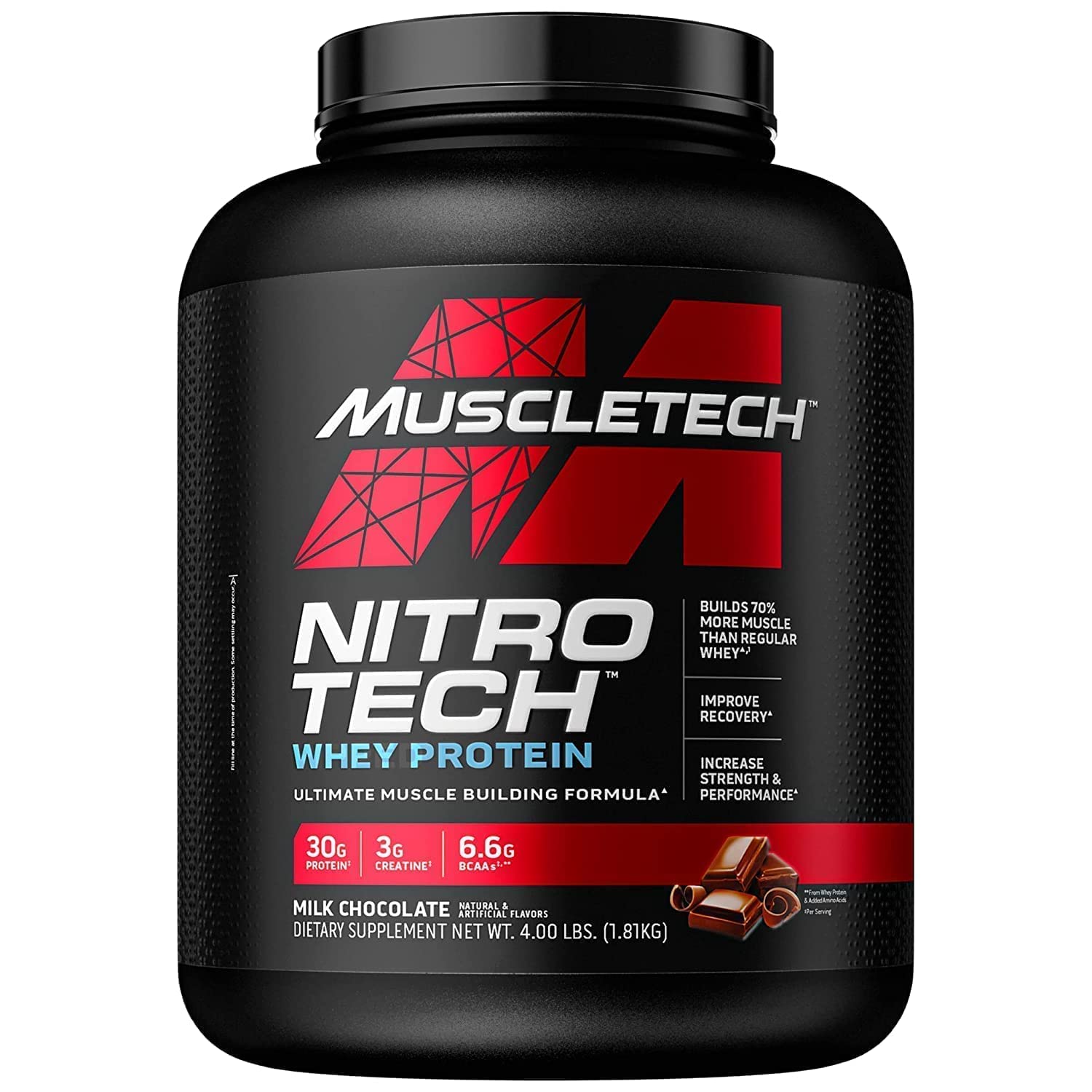 Nitro-Tech Whey Protein Isolate & Peptides Powder - Milk Chocolate Flavor, 4lb (40 Servings) | MuscleTech Premium Protein for Muscle Growth & Recovery | Ideal for Post-Workout, Weight Training & Fitness Enthusiasts