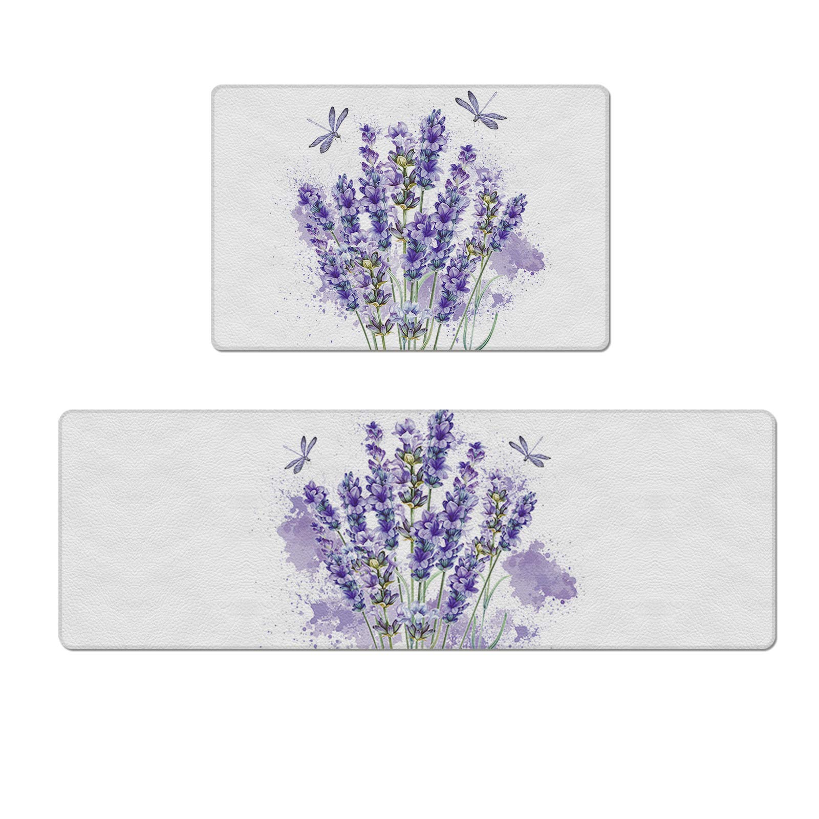 Anti Fatigue Kitchen Rug and Mats Set of 2 - Cushioned Non-Slip PVC Floor Mats with Lavender Floral Dragonfly Design, Waterproof Standing Mat for Comfort in Kitchen, Living Room, and Laundry Areas