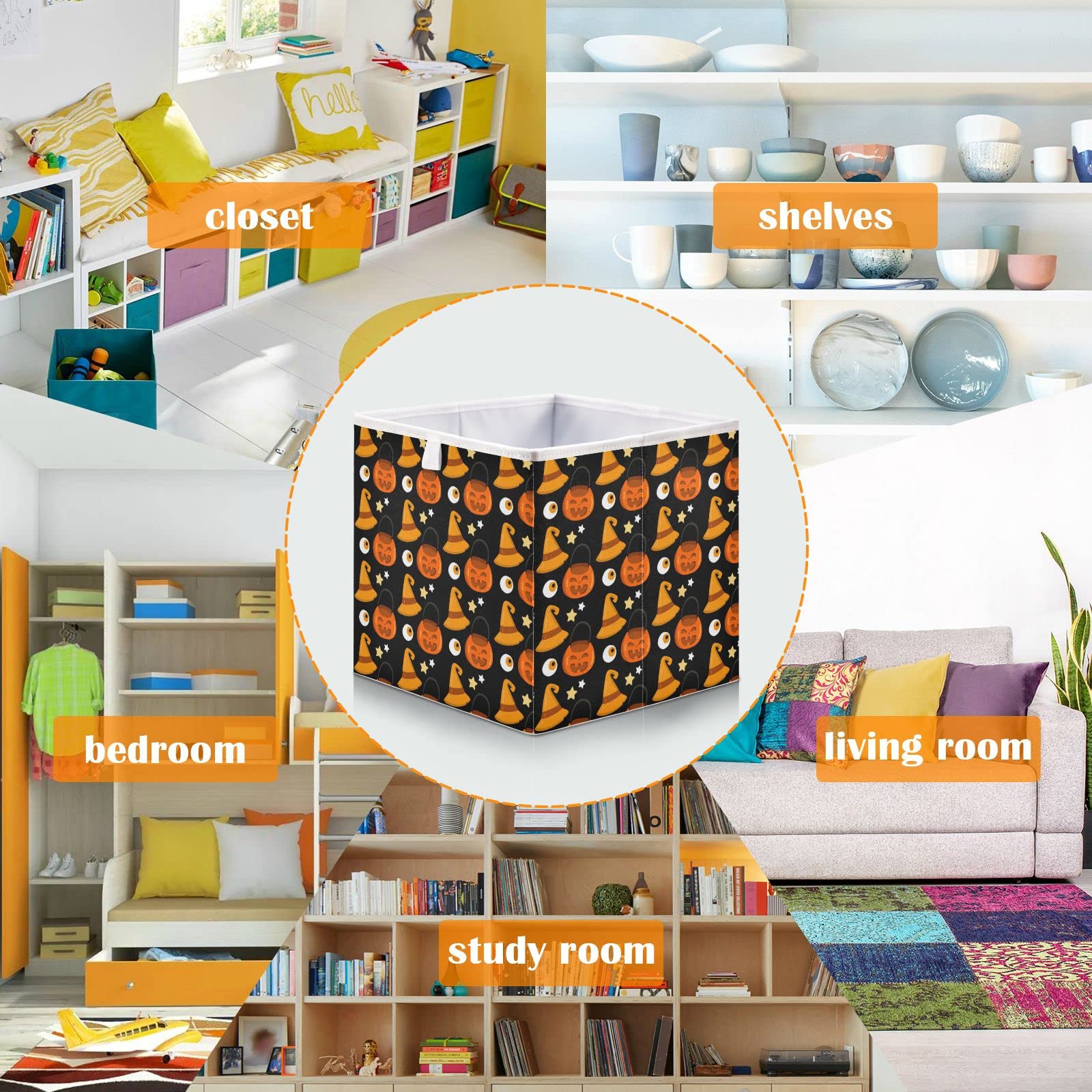 Foldable Collapsible Halloween Pumpkin Storage Baskets - 16 x 11 Inch Fabric Storage Bins for Shelves, Pantry, Closet & Nursery Organization | Perfect for Toys, Home Decor & Seasonal Storage
