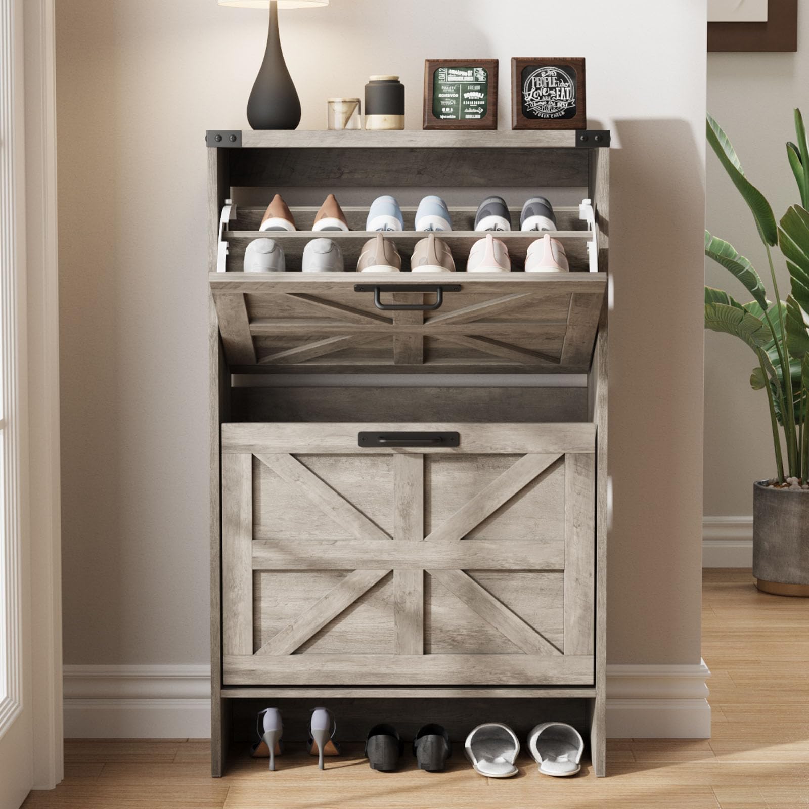 Farmhouse Style Slim Shoe Storage Cabinet with 2 Flip Drawers - Narrow Entryway Organizer for Hidden Shoes, Grey - Perfect for Small Spaces & Entryway Organization