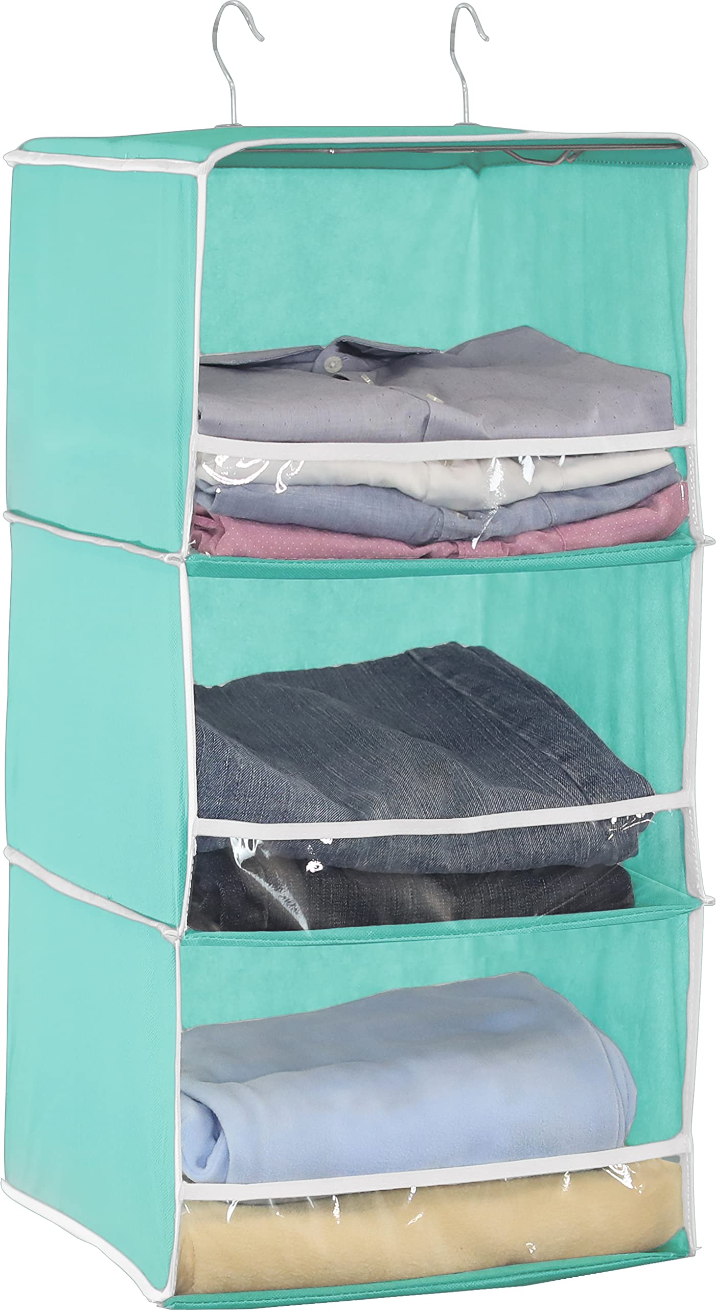 Simple Houseware 3-Tier Hanging Closet Organizer with Front Stopper - Space Saving Storage for Clothes, Shoes & Accessories - Perfect for Bedroom, Closet & Dorm Organization (Turquoise)