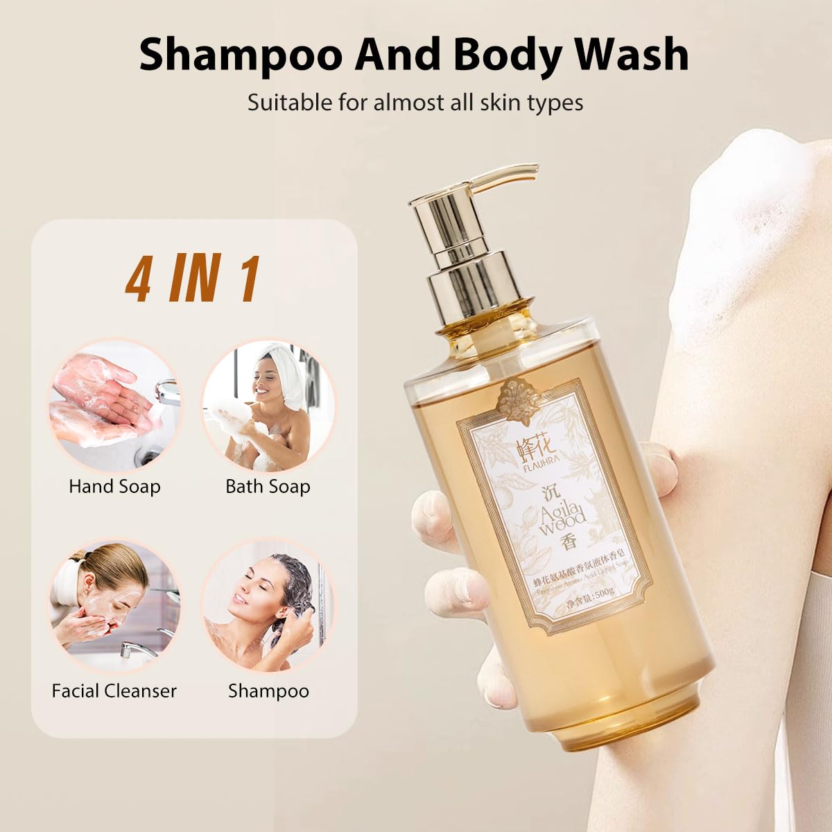 Bee & Flower Moisture Body Wash - Amino Acid Shower Gel with Luxurious Snow & Agilawood Fragrance | Mild & Gentle Cleanser for Face, Hair & Body | 16.8 Fl Oz | Perfect for Daily Shower, Spa Day & Gift Giving