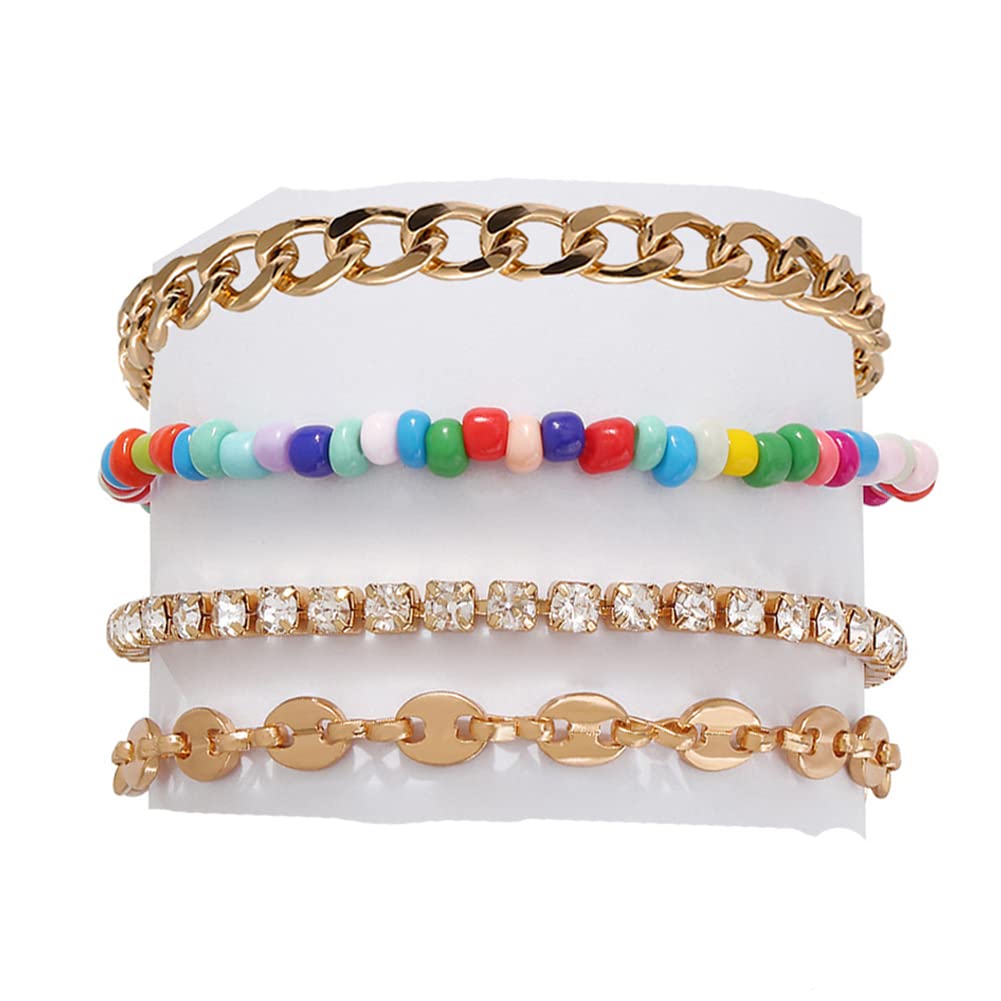 4/5 Pcs Cuban Link Anklets for Women - Boho Colorful Beaded Anklet Set, Gold Tennis Ankle Bracelets, Beach Jewelry Gifts for Girls | Perfect for Summer Outfits, Vacations & Boho Fashion Accessories