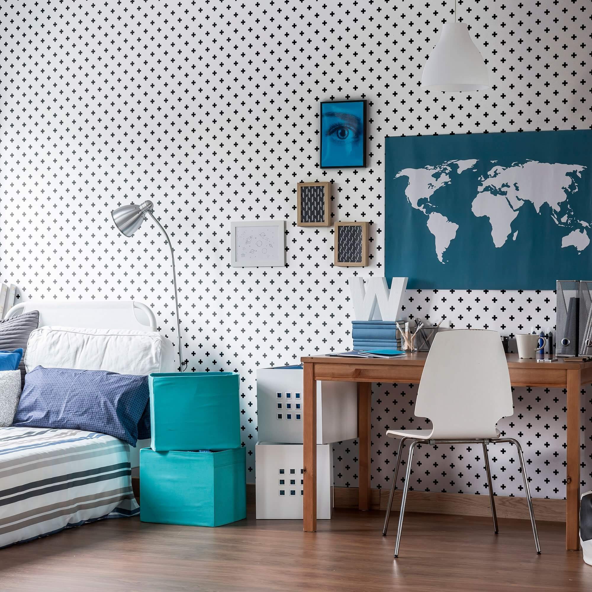 White and Black Cross Geometric Peel and Stick Removable Wallpaper - Self-Adhesive Decorative Wall Covering for Bedroom, Living Room, Office & Dorm Decor