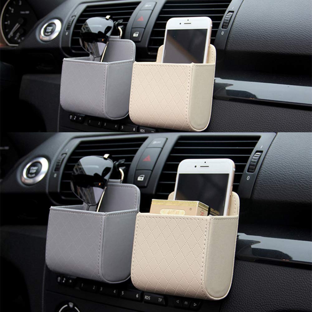 Universal Car Air Vent Storage Organizer - PU Leather Phone & Sunglass Holder with Hook for Keys, Cards, Coins - Perfect for Road Trips & Daily Commute (Black)