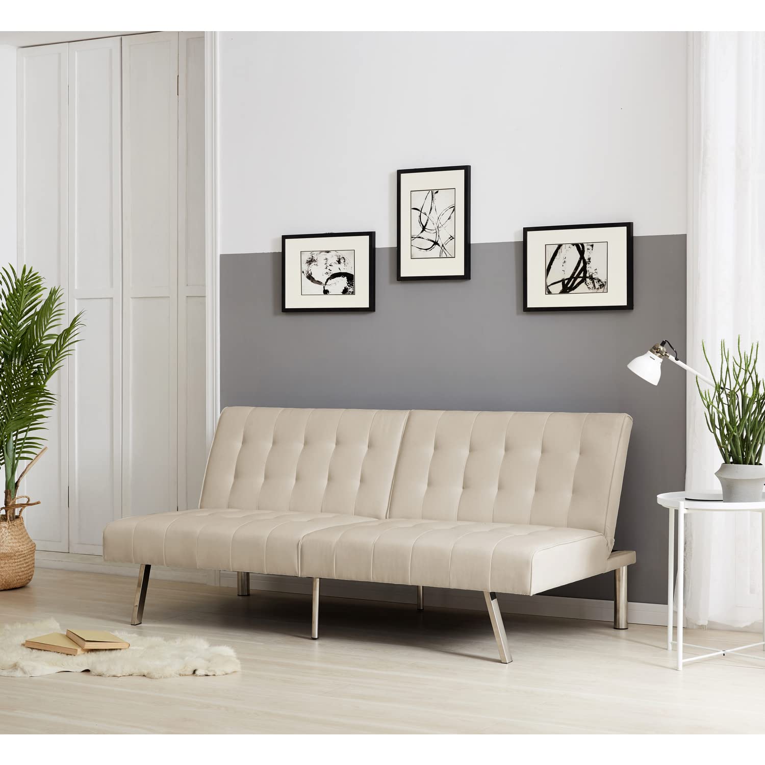 Naomi Home Split Back Linen Small Futon Sofa - Cream | Modern Convertible Sleeper for Small Spaces, Living Room, Guest Bed & Studio Apartments