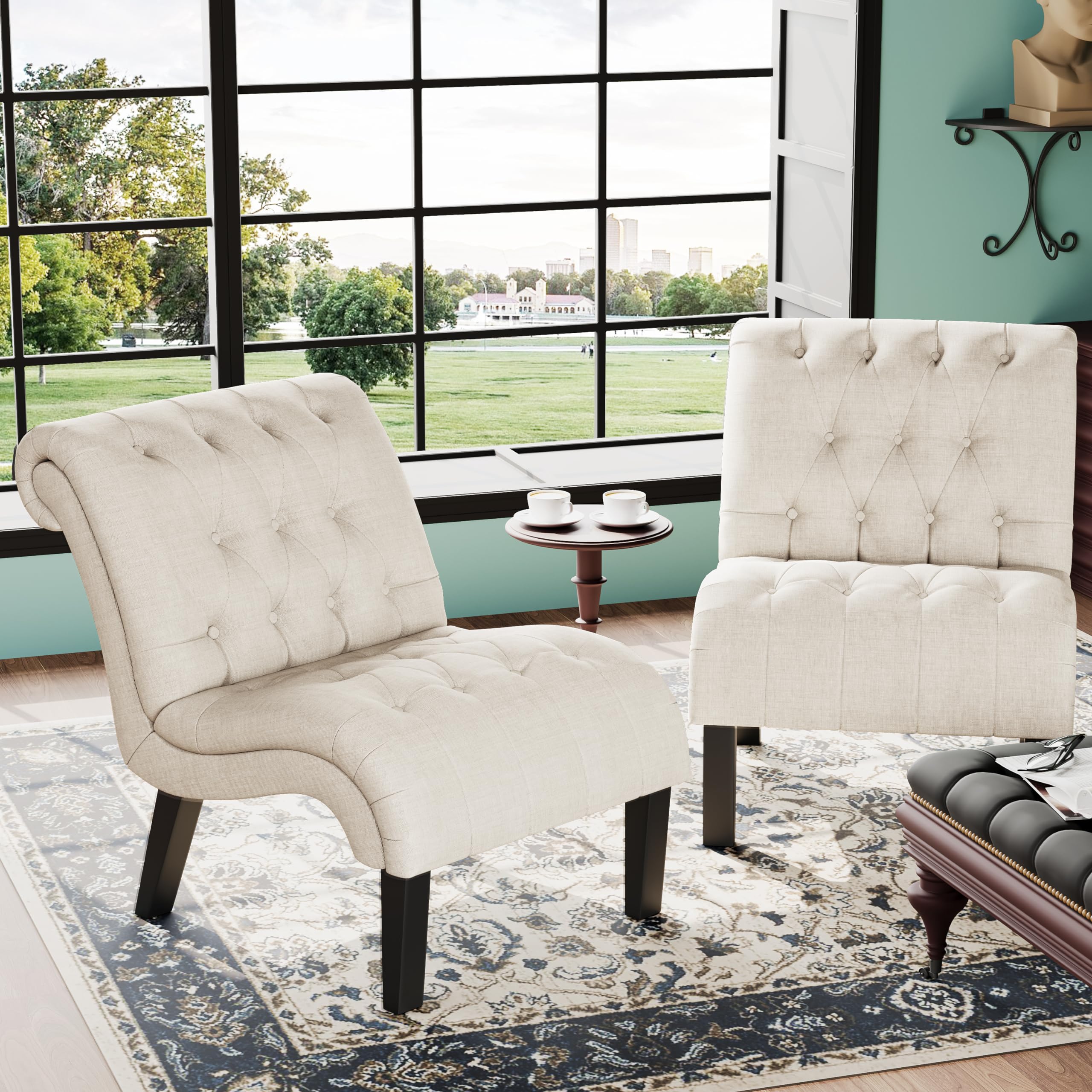 Yongqiang Set of 2 Upholstered Tufted Accent Chairs with Wood Legs & Linen Fabric - Modern Armless Side Chairs for Living Room, Bedroom, or Office Decor
