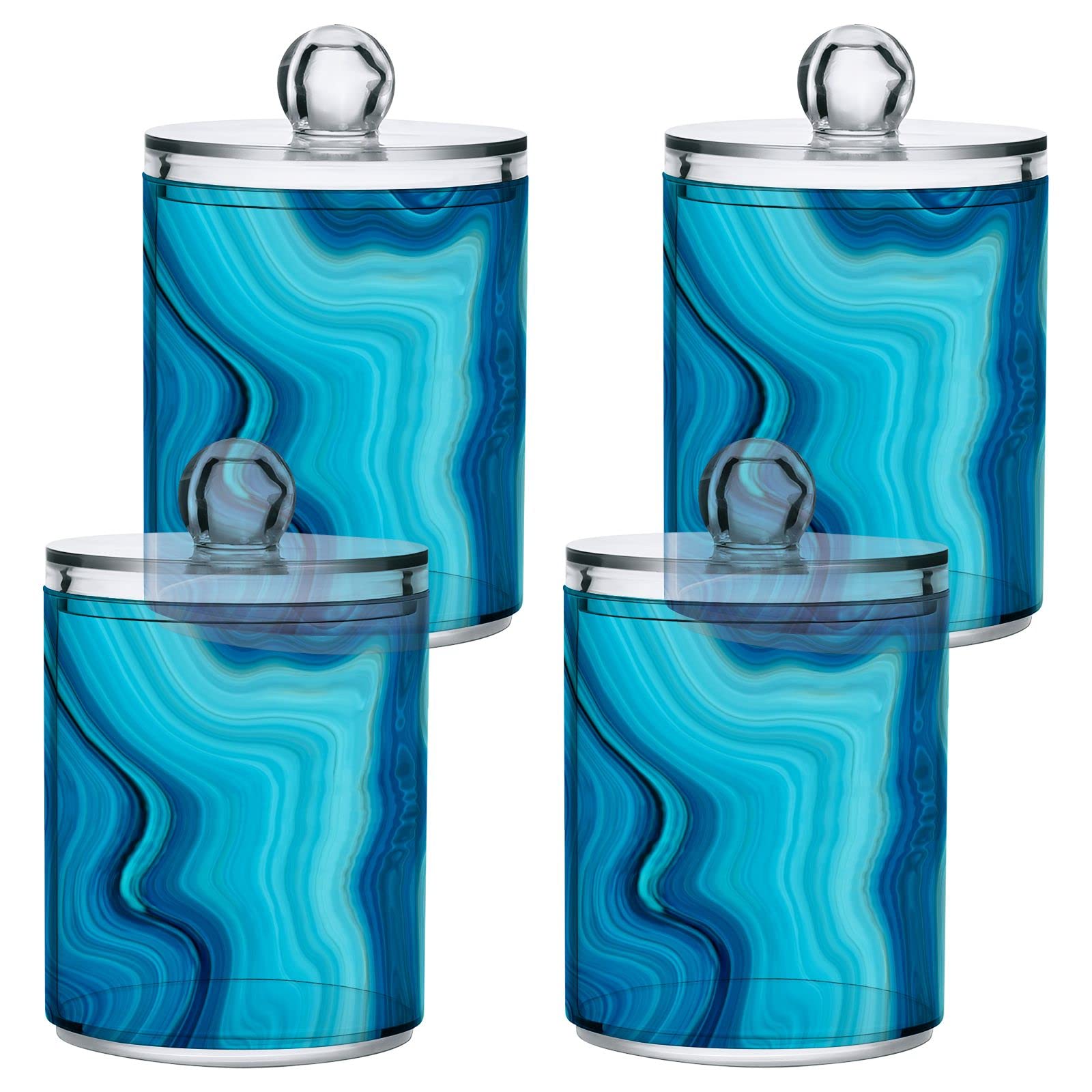 4 Pack Blue Marble Q-Tip Holder Organizer & Dispenser - Bathroom Vanity Storage Canisters for Cotton Swabs, Pads, Floss | Apothecary Jars for Countertop, Medicine Cabinet & Makeup Station Organization