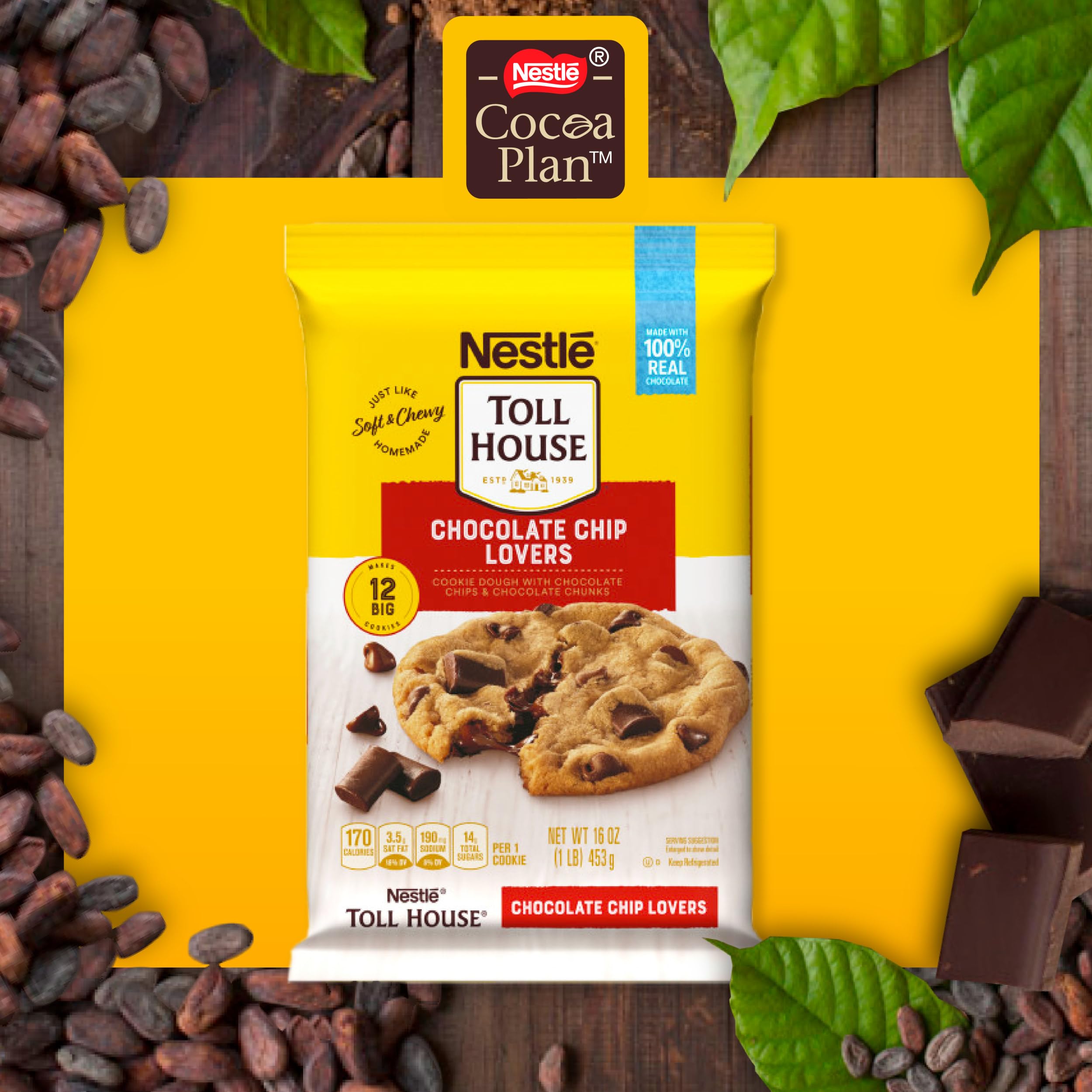 Nestle Toll House Chocolate Chip & Chunk Cookie Dough - 16oz Pack of 12 Ready-to-Bake Cookies with 100% Real Chocolate | Perfect for Parties, Baking with Kids & Holiday Treats