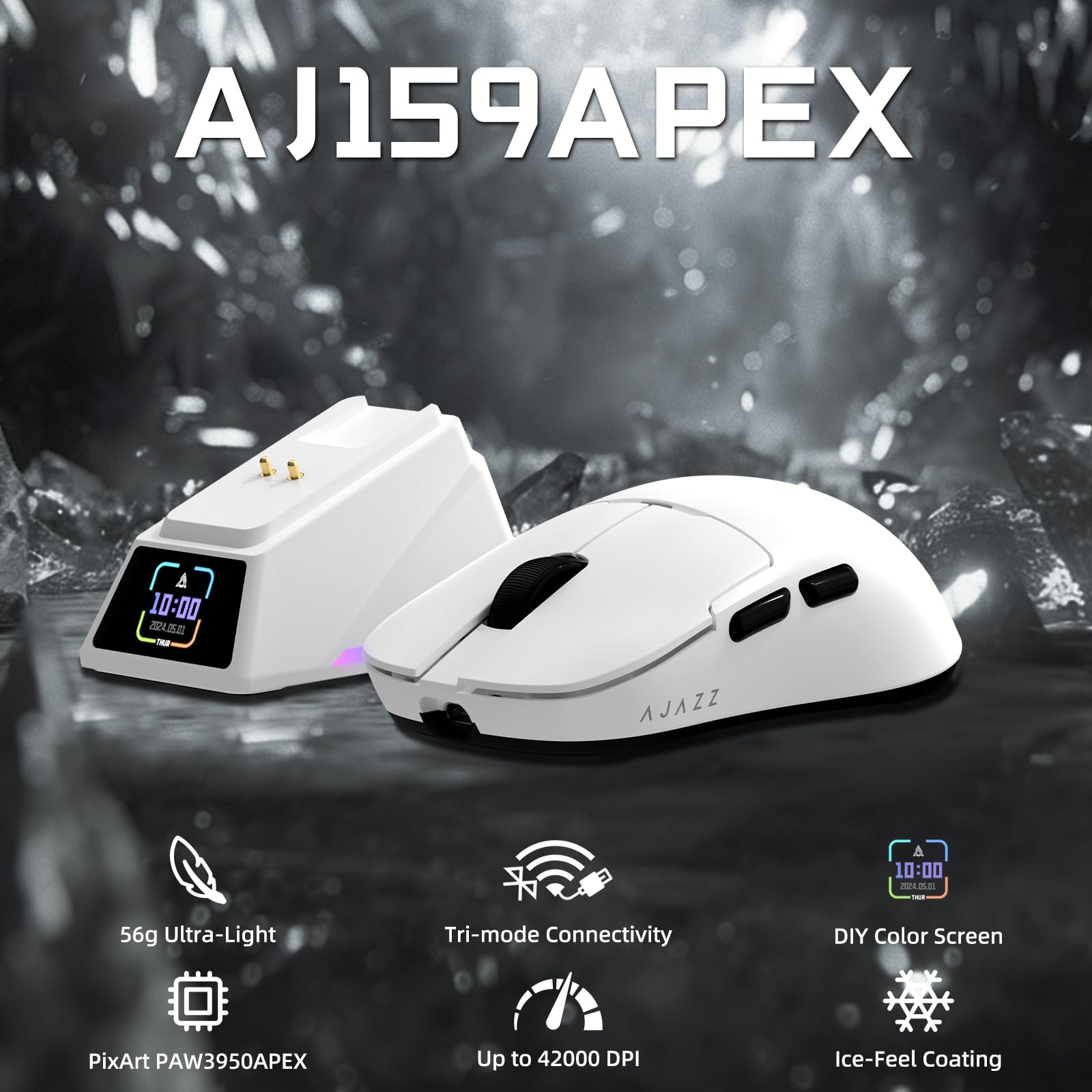 Attack Shark Ajazz AJ159APEX Gaming Mouse - 42K DPI, 8KHz Wireless, RGB Charging Dock with Color Display, 56g Ultra-Lightweight (2.4G/BT/Wired) for PC/Mac - White | Perfect for FPS, MOBA & Esports Gaming