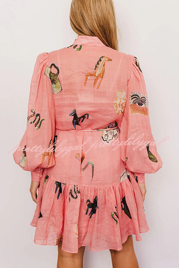 Unique Print Single Breasted Balloon Sleeve Tie Waist Ruffled Mini Dress - Elegant Party & Date Night Outfit for Women