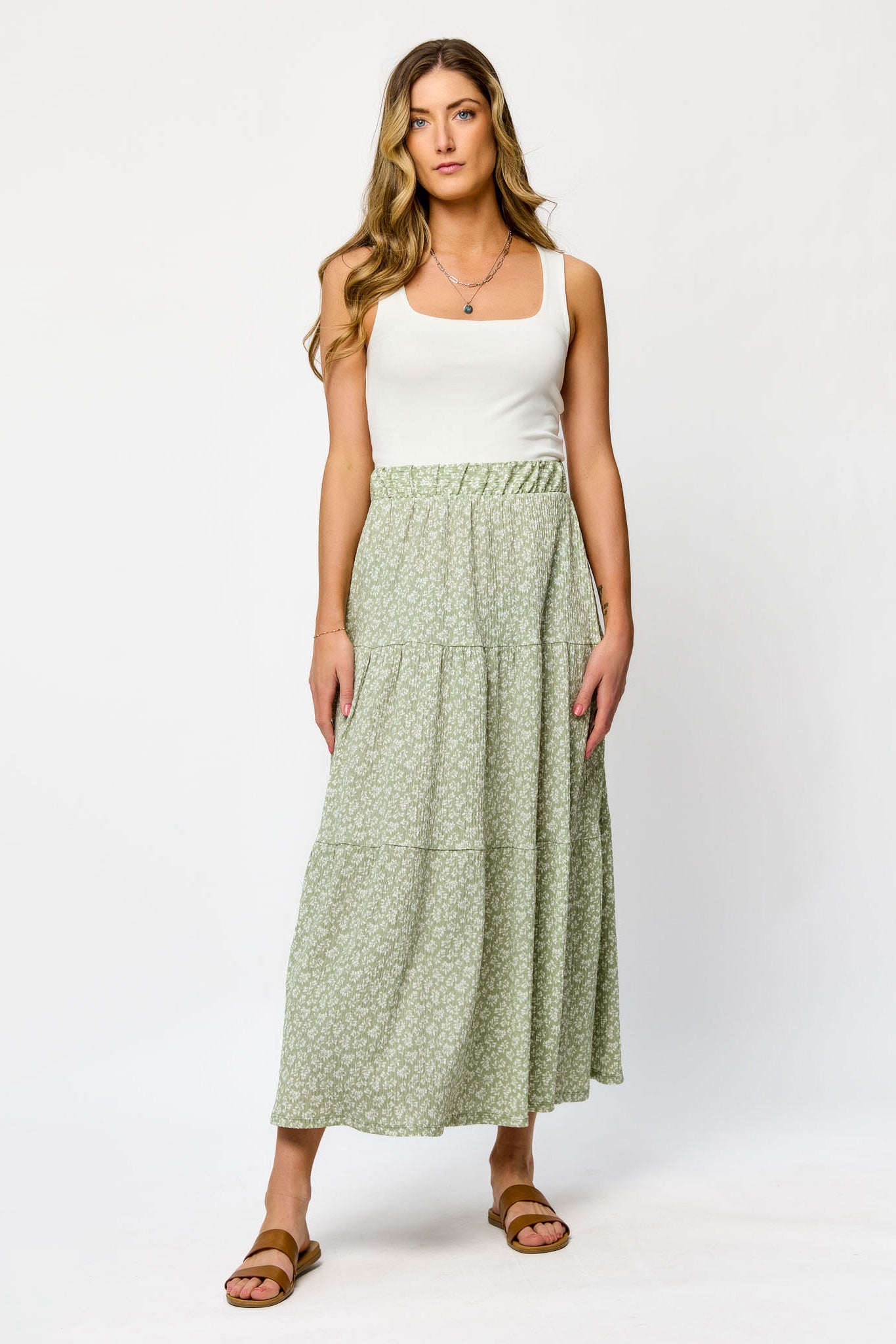 Printed Ripple Jersey Tiered Maxi Skirt for Women - Flowy Boho Beach Skirt with Elastic Waist | Perfect for Summer Vacations, Music Festivals & Casual Outings