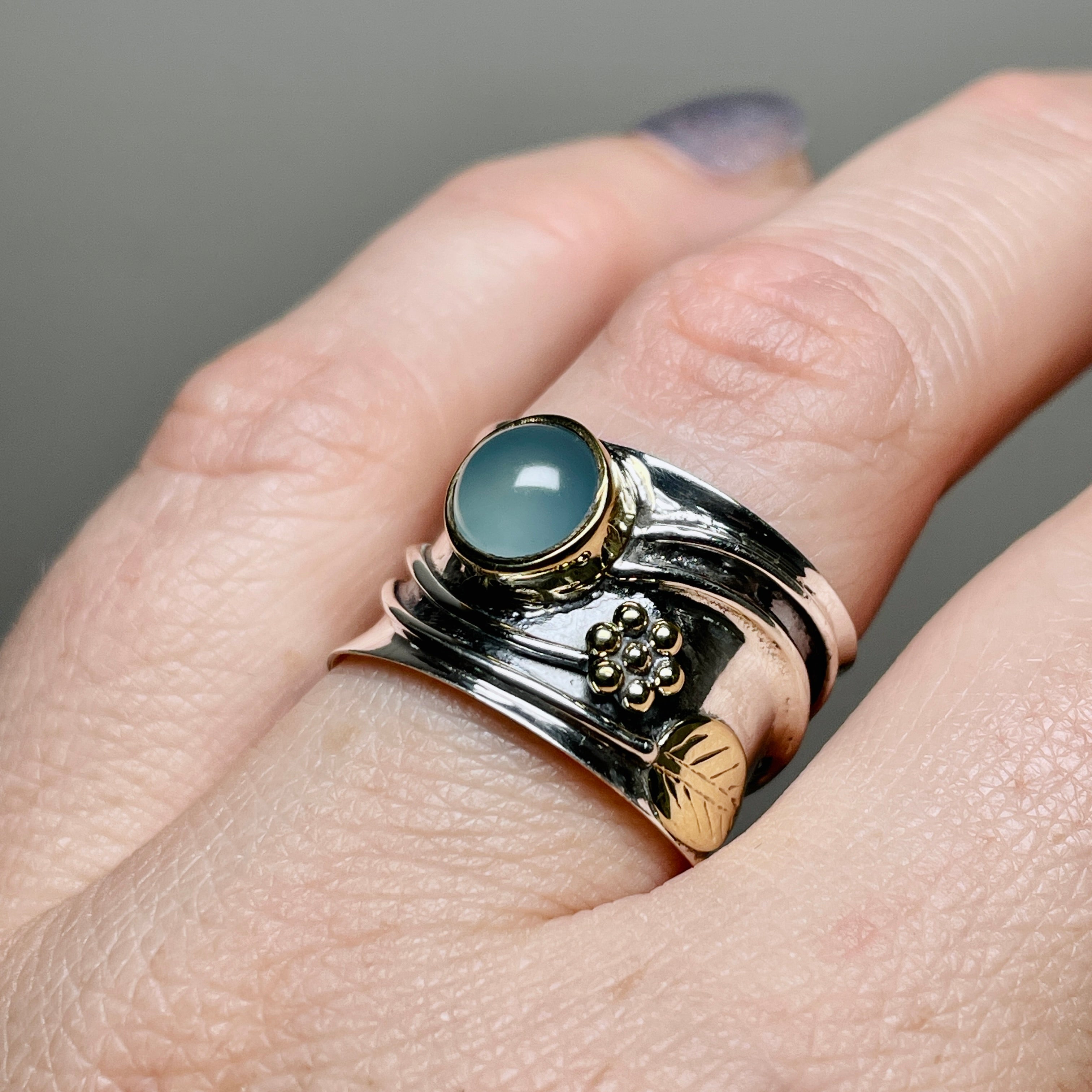 Blue Chalcedony Round Cabochon Ring - Sterling Silver Decorative Setting R4198 | Elegant Jewelry for Women, Perfect for Weddings & Special Occasions