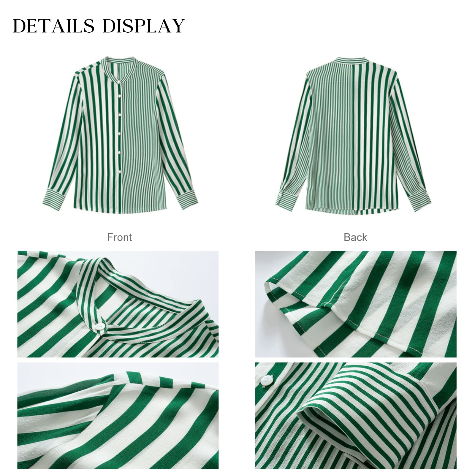 COLD POSH Women's 100% Pure Silk Blouse - Long Sleeve Button Down Shirt for Spring & Summer | Elegant Soft Classic Fit Work & Casual Tops | White & Green Striped | Perfect for Office Wear, Business Meetings & Special Occasions
