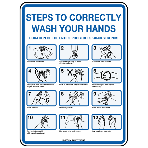 Poly Hand Washing Steps Sign 30x22.5cm - Laminated Bathroom Hygiene Poster for Schools, Hospitals & Restaurants