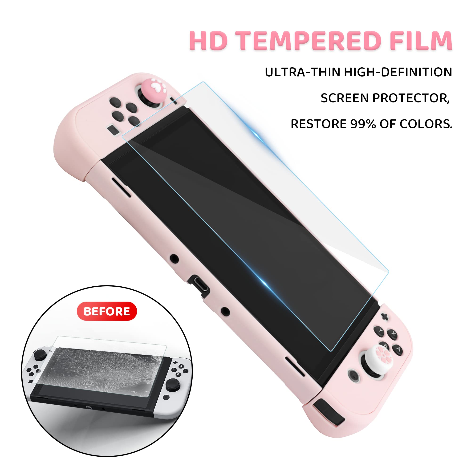 Premium Nintendo Switch OLED Accessories Bundle - Hard Shell Carrying Case with Screen Protector, 4 Thumb Grips & Shoulder Strap for Switch OLED & Joy-Con Controllers (Pink) - Perfect for Travel, Gaming On-The-Go & Console Protection