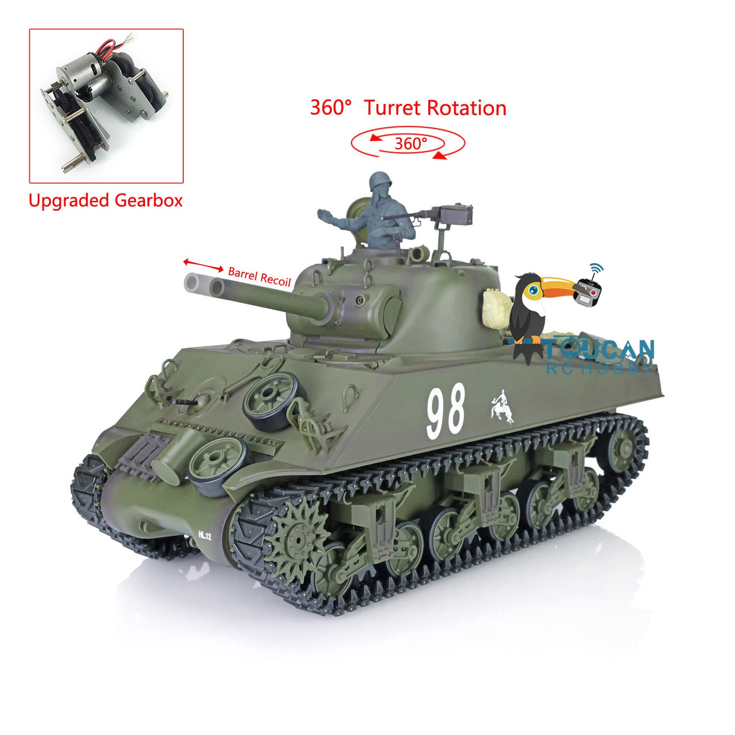 Henglong 1/16 Scale 7.0 RC M4A3 Sherman Tank Model 3898 - 2.4G Remote Control with 360° Rotating Turret, Barrel Recoil & Durable Plastic Construction - Perfect for Outdoor Military Battles, Collectors & RC Tank Enthusiasts