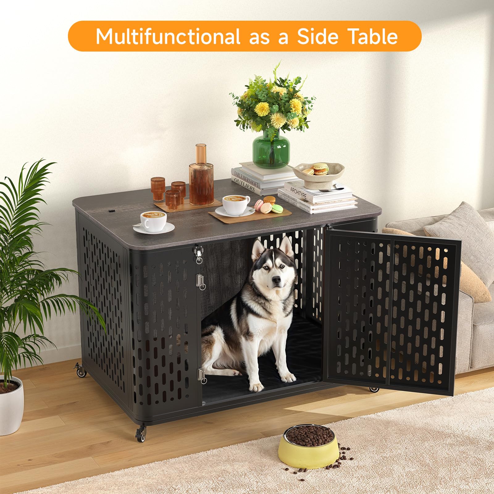 Wooden Dog Crate Furniture with Removable Cushion - 43.7 Inch Rustic Grey Dog Kennel with Lockable Wheels for Small Medium & Large Dogs | Multi-Purpose Pet Cage for Living Room, Bedroom & Travel Use