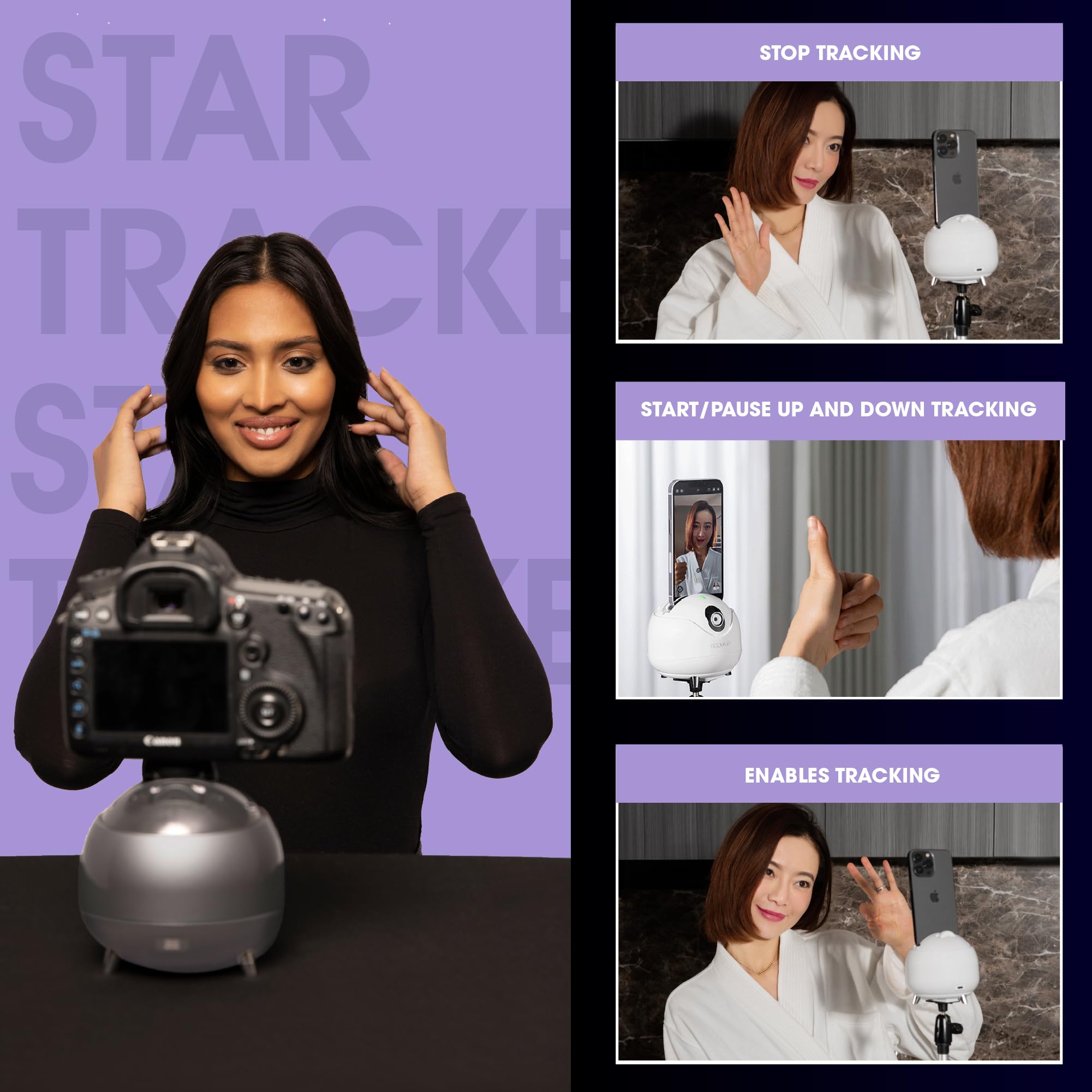 GLAMCOR Star Tracker - 2-Axis AI Auto Face Tracking Camera Mount for DSLR, iPad & Glamcor Lights | No App Required | Pink Media Attachment | Perfect for Live Streaming, Vlogging & Photography